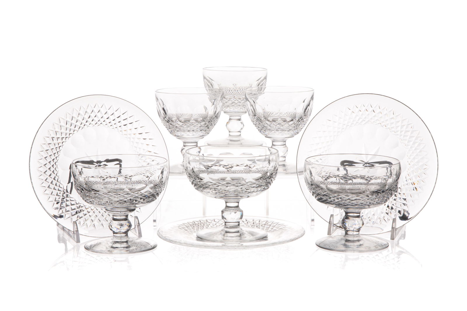 8 LOW SHERBETS & SAUCERS WITH 9 LIQUOR COCKTAILS: In the Colleen Pattern. Stamped Waterford on underside. Comes with 1 additional saucer. Sherbet H. 3 3/8" (8cm) Saucer Dia. 6" (15.1cm) Liquor Cocktail H. 3 5/8" (9.3cm)
