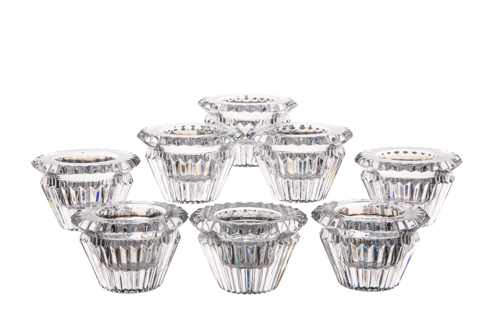 EIGHT ROGASKA MIKASA CUT JEWEL CANDLE HOLDERS: H. 2 3/4" x Dia. 4 1/4"