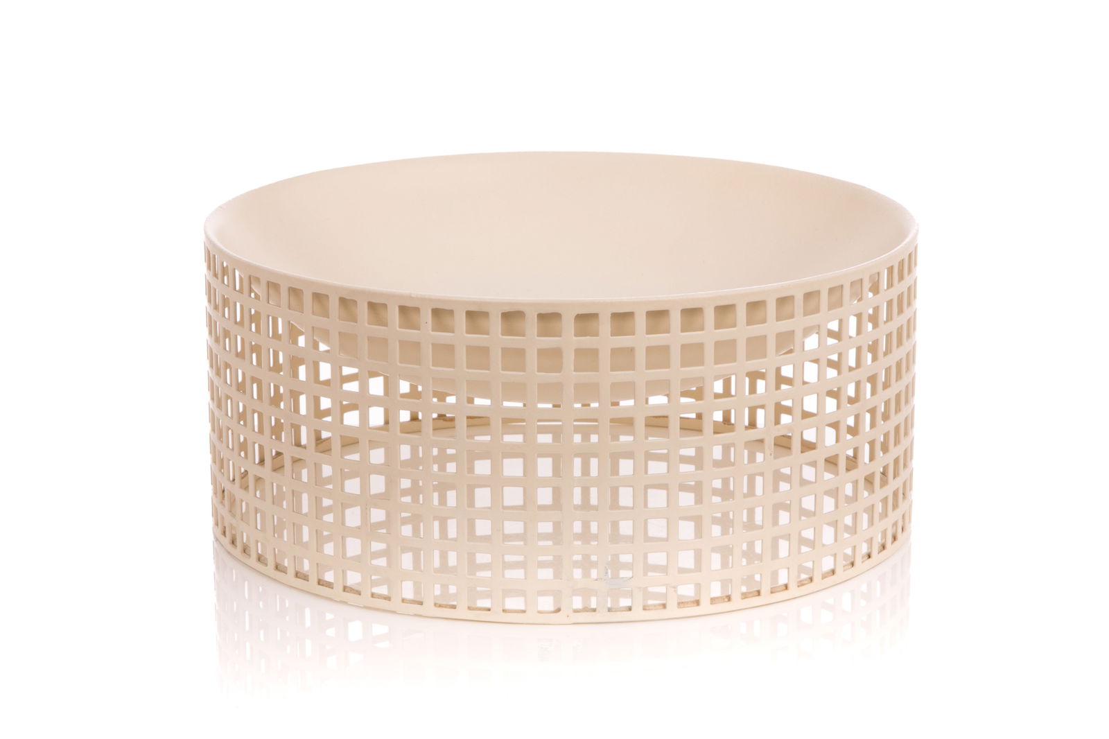 JOSEF HOFFMAN FOR BIEFFEPLAST BOWL: Cream enamel on metal. Label to underside. Dia. 8 1/2" (21.4cm)