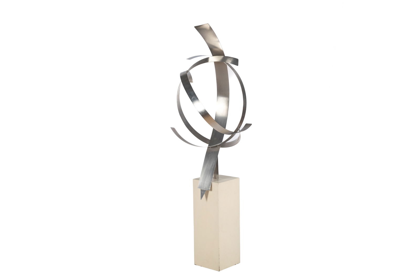 MID-CENTURY BRUSHED ALUMINUM SCULPTURE: Mid-Century Modern brushed aluminum sculpture on a white-washed base. Signed 'G.B.'. Possibly American, circa 1970s. H. of sculpture: 115.5 cm (45 1/2 in.) H. overall including base: 163.5 cm (64 1/2