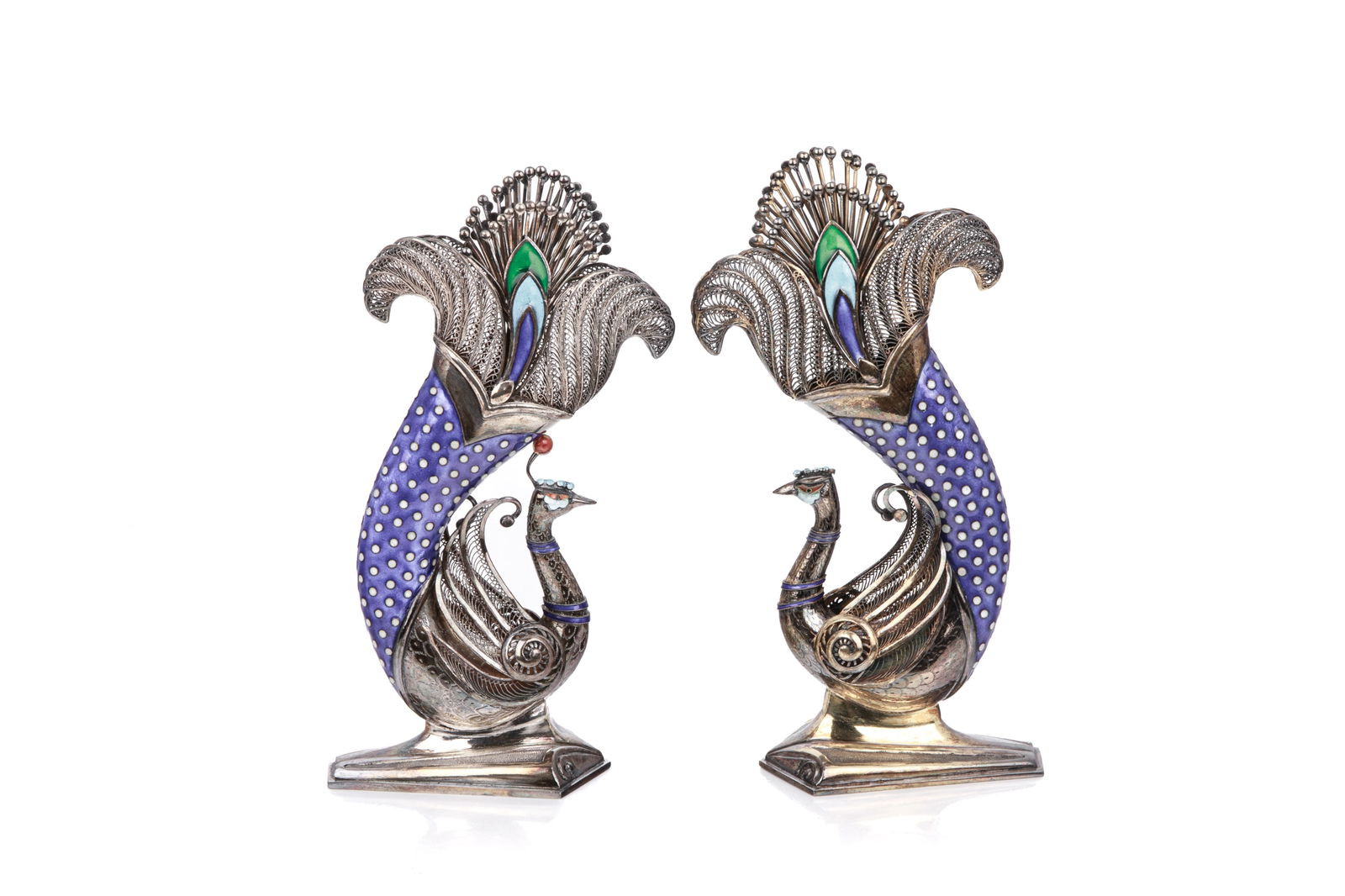 PAIR OF CHINESE EXPORT SILVER & ENAMEL PEACOCKS: One in gilt silver, both with blue enamel, Chinese mid 20th C. 332g H 18cm (7in)