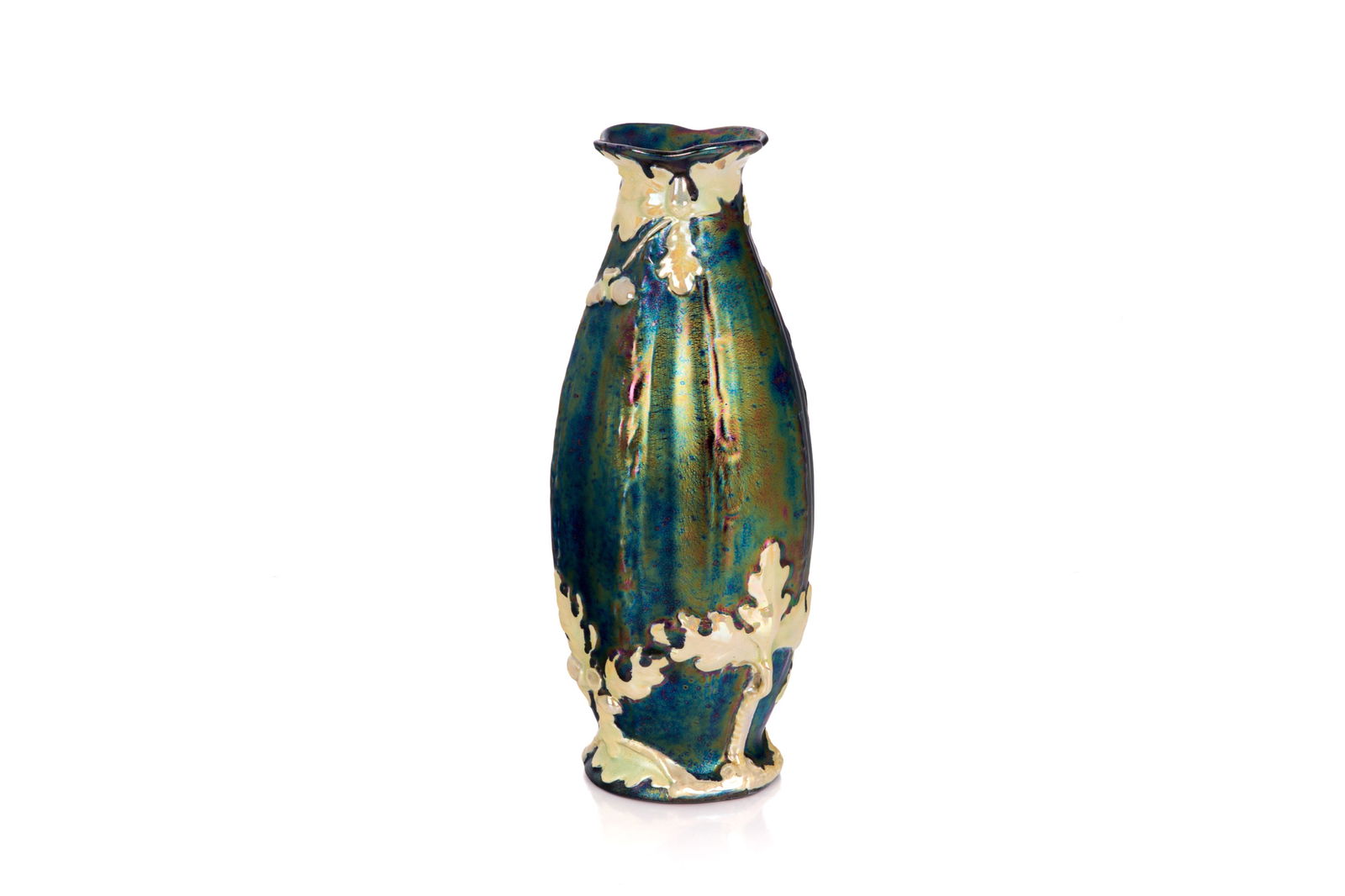 AUSTRIAN IRIDESCENT ENAMEL GLAZE POTTERY VASE: Art Nouveau attributed to Teplitz with moulded oak and acorn decoration, impressed numbers in base with pooled glaze, Austrian, late 19th C. H. 11" (28cm)