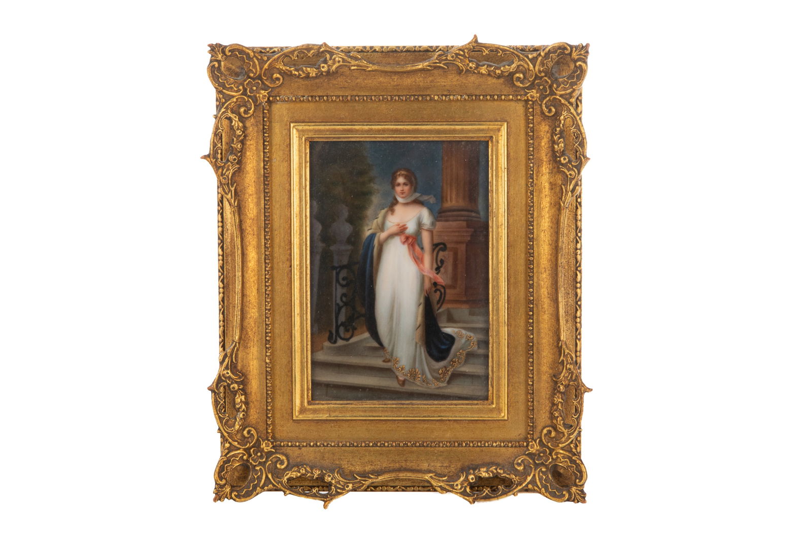 HAND PAINTED PORCELAIN PORTRAIT MINIATURE: Of a young woman in dress walking down an architectural staircase in gilt frame.