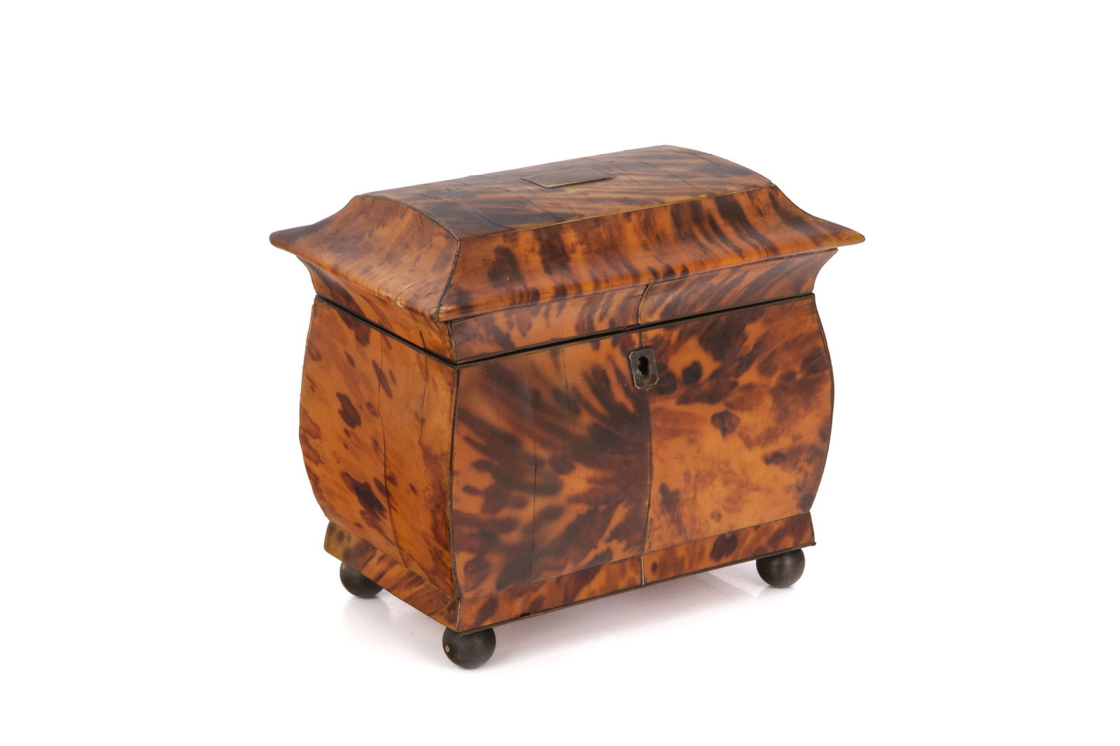 19th C ENGLISH REGENCY TEA CADDY: Tortoiseshell veneered caddy raised on ball feet, fitted two compartment interior with original lids, English, early 19th C.