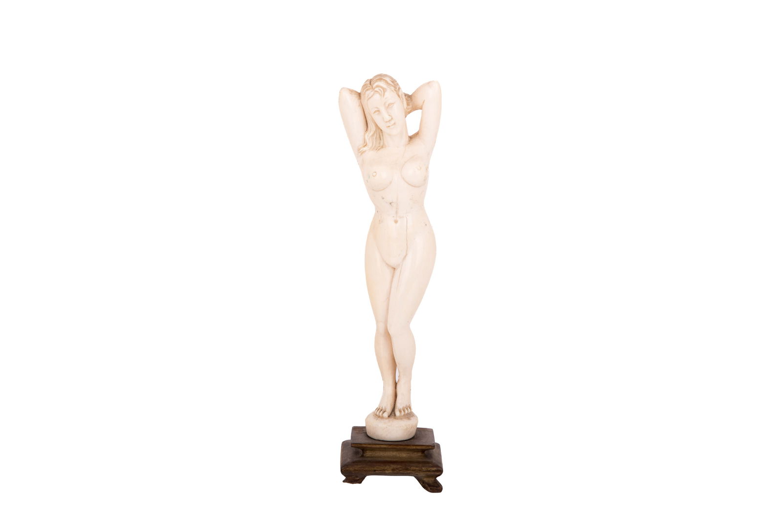 NATURALLY CARVED SCULPTURE OF NUDE: Standing female nude figure with stretched arms on Chinese wood base Early 20th C. H. 25.5cm (10in)