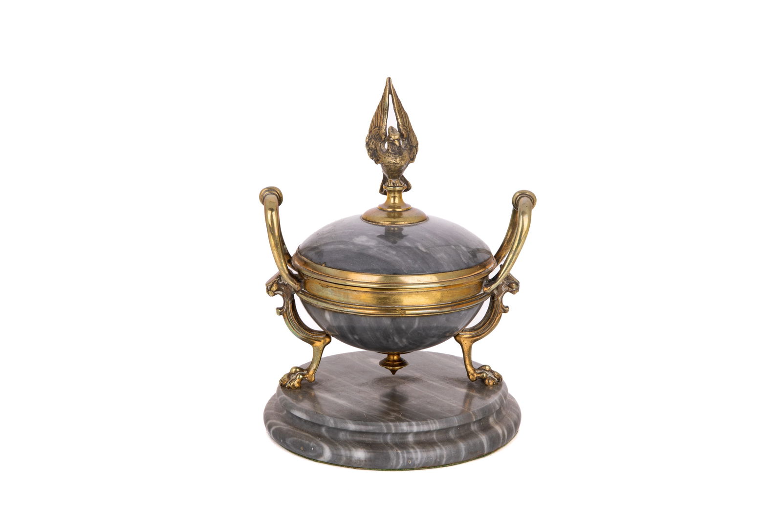DECORATIVE ANTIQUE MARBLE AND BRONZE INKSTAND: Grey marble with gilt bronze mounts, eagle finial. Probably French, 19th C.