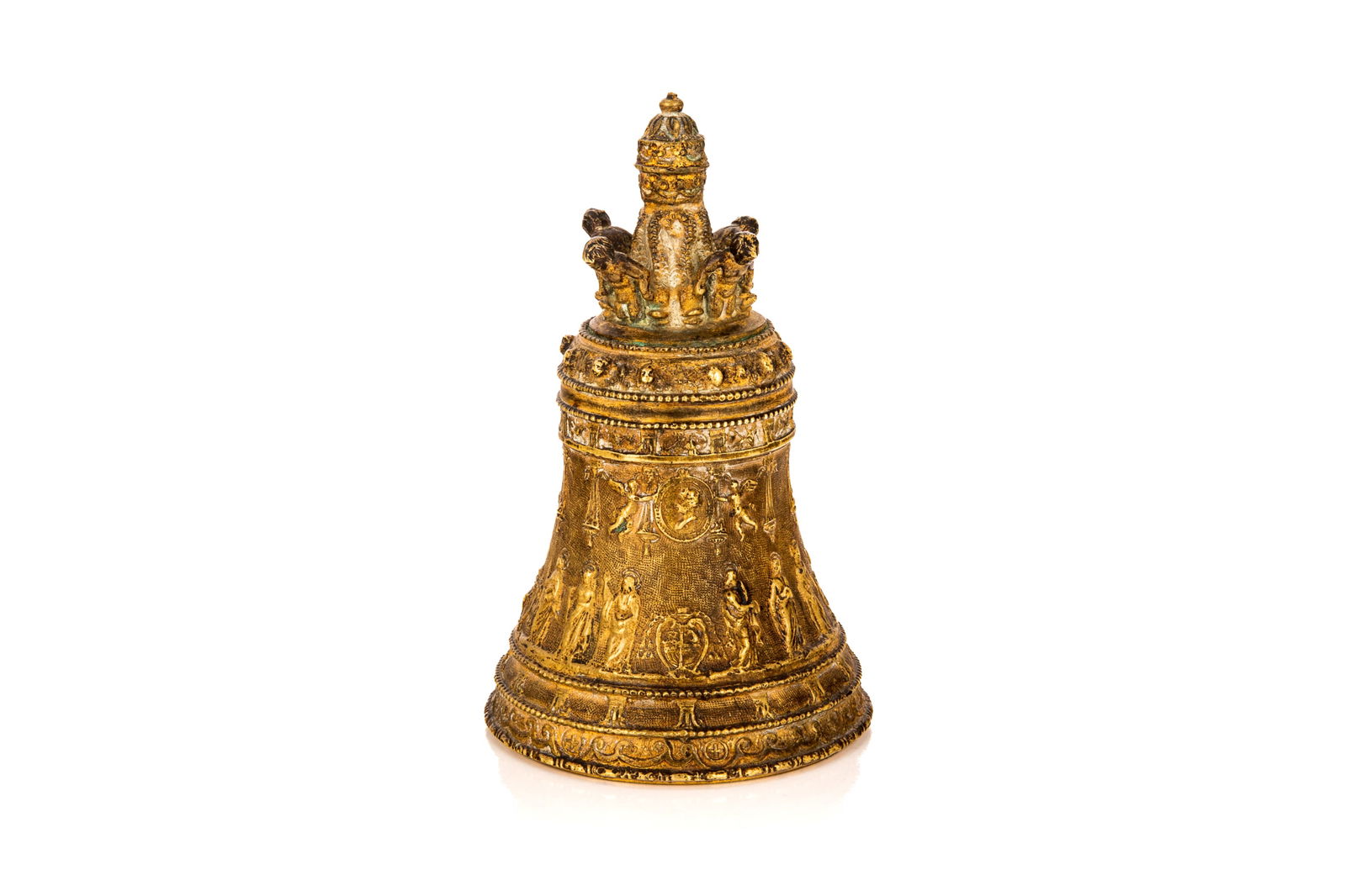 19th C ITALIAN GILT BRONZE BELL: Model of the bell in St. Peter, Rome by the important silversmith Luigi Valadier. H. 5 1/4 x Dia. 3 1/4" (13.3cm x 8.2cm)
