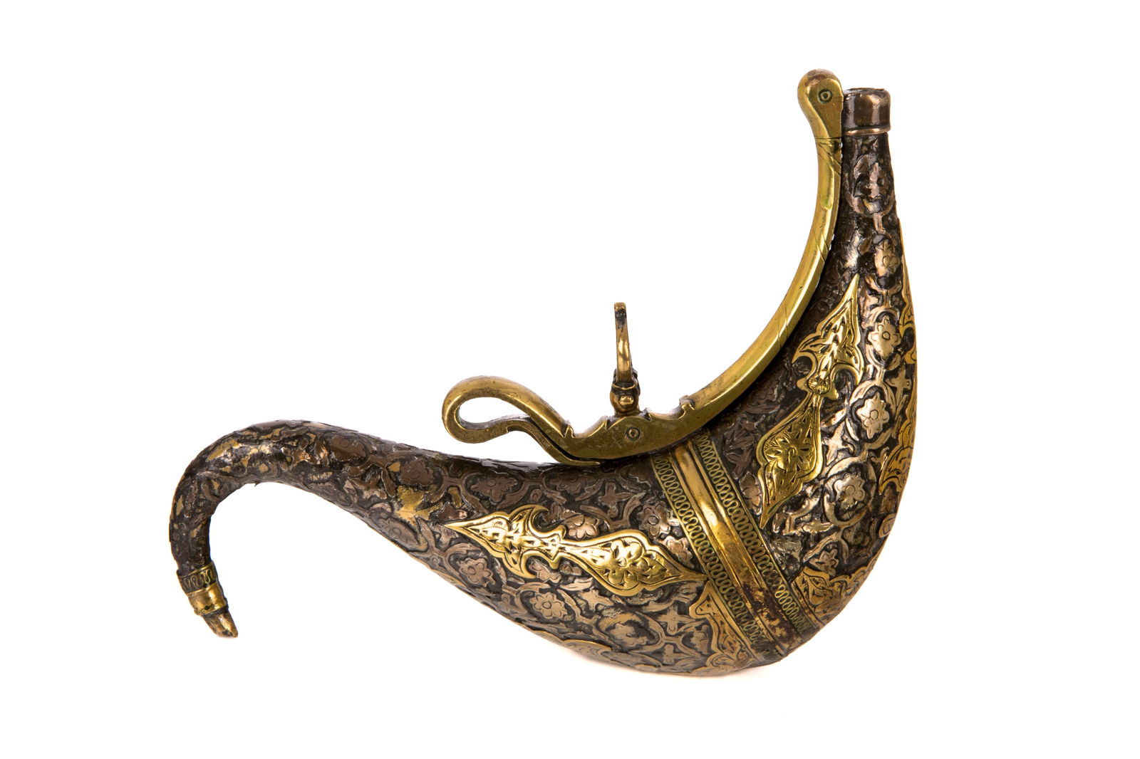 INDO-PERSIAN MIXED METAL GUN POWDER FLASK: Islamic foliate design, possibly Qajar, 19th C. L. 6" (15cm)
