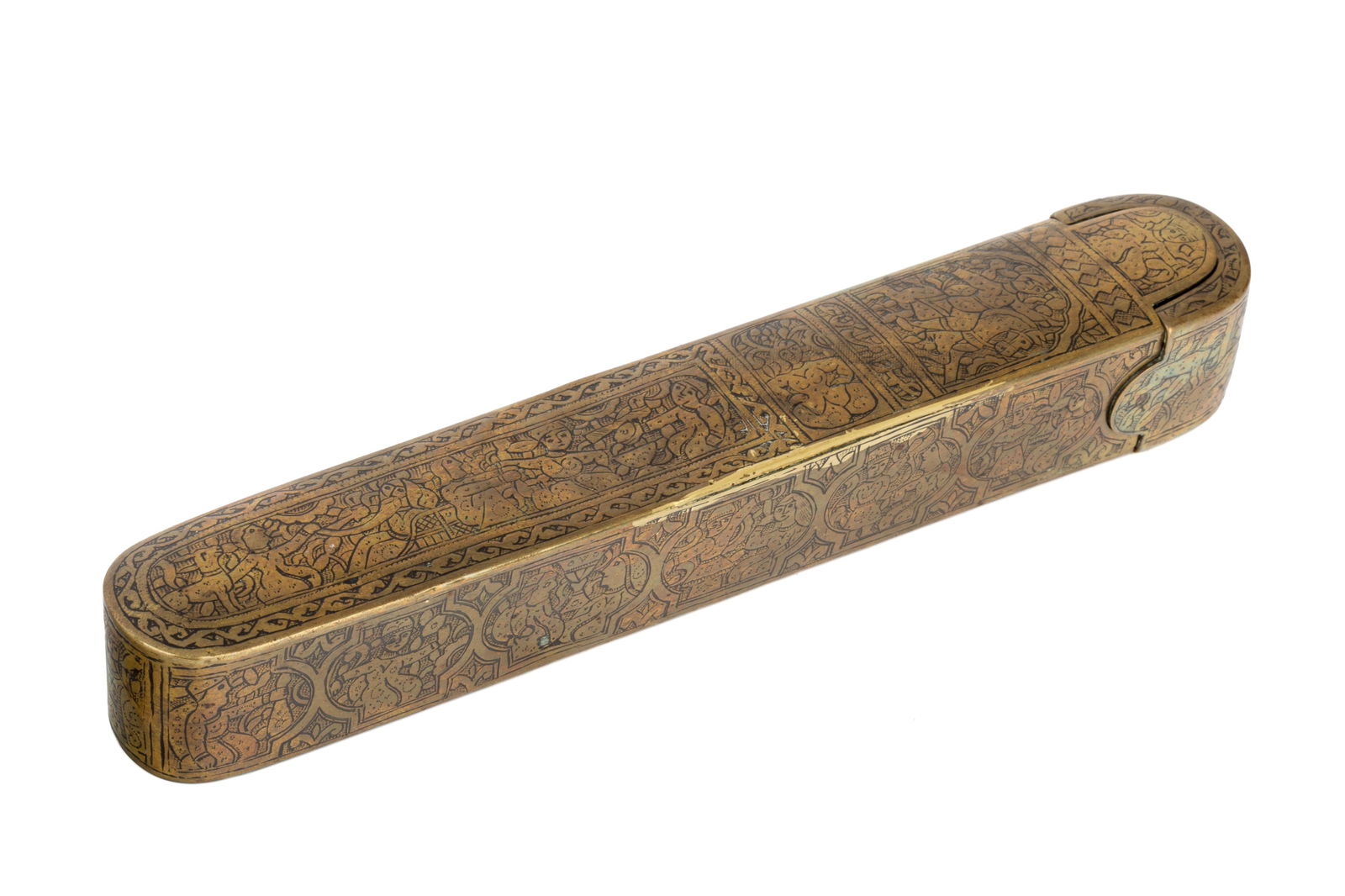 QAJAR ISLAMIC BRASS QALAMDAN PEN SCRIBES CASE: Overall engraved decoration of figures and foliage. L. 9 1/8" (23.2cm)