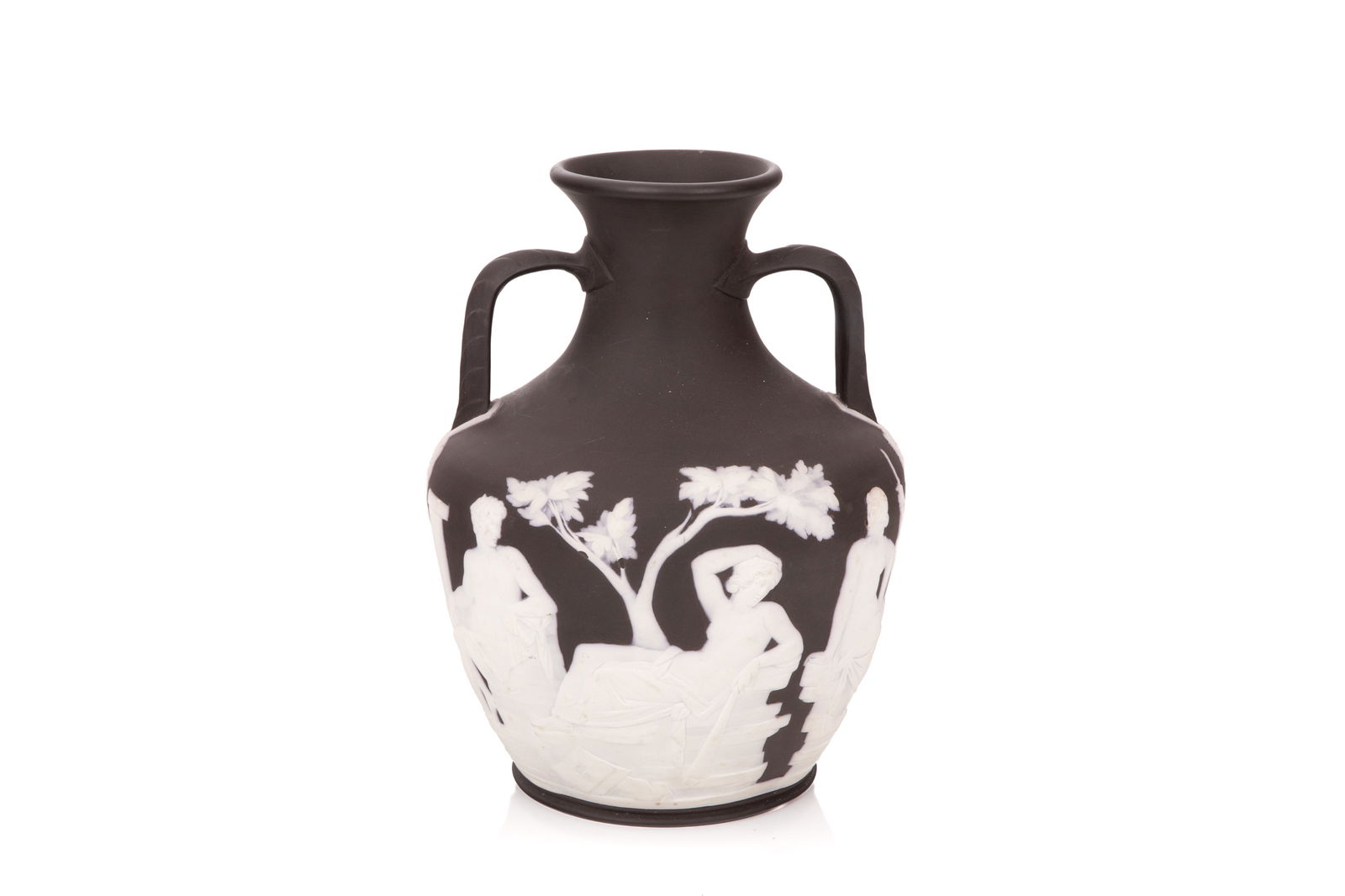 WEDGWOOD JASPERWARE PORTLAND VASE: Traditional two handled form in black with Neo-Classical white frieze of Grecian figures. Unmarked, possibly 19th c. H. 26.5 cm (10 1/2")