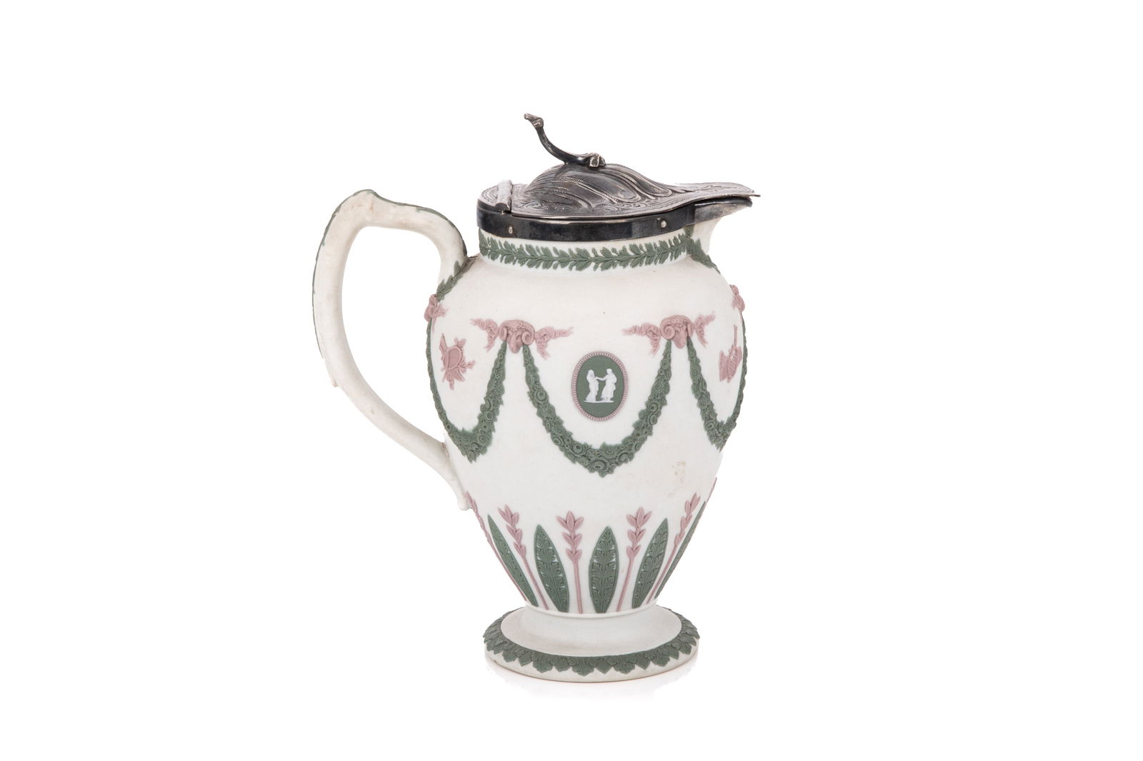 WEDGWOOD TRICOLOUR JASPERWARE JUG: White body with Neo-Classical swag and medallion design in green and lilac. Silverplated applied lid. Impressed Wedgwood mark to base. English, 19th c. H. to finial 20.5cm (8 1/8in)