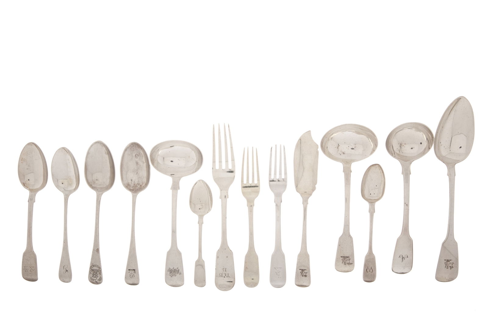 31pcs. SILVER FIDDLE PATTERN FLATWARE, 1215g (1 of 2)
