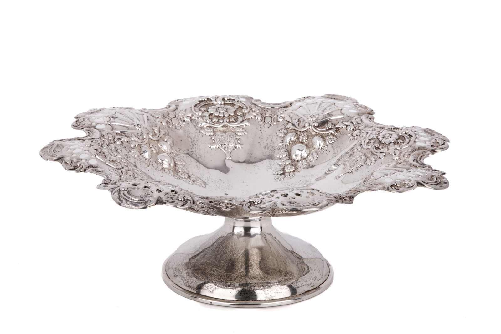RODEN SILVER PIERCED REPOUSSE BOWL 373 g.: Pierced and floral decoration with central initial, Canadian Roden silver, RD313889 373g W 28 cm 11 in.