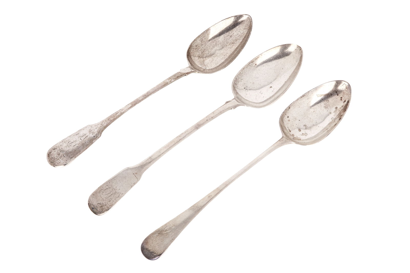 THREE GEORGE III SILVER BASTING SPOONS, 299g (1 of 2)