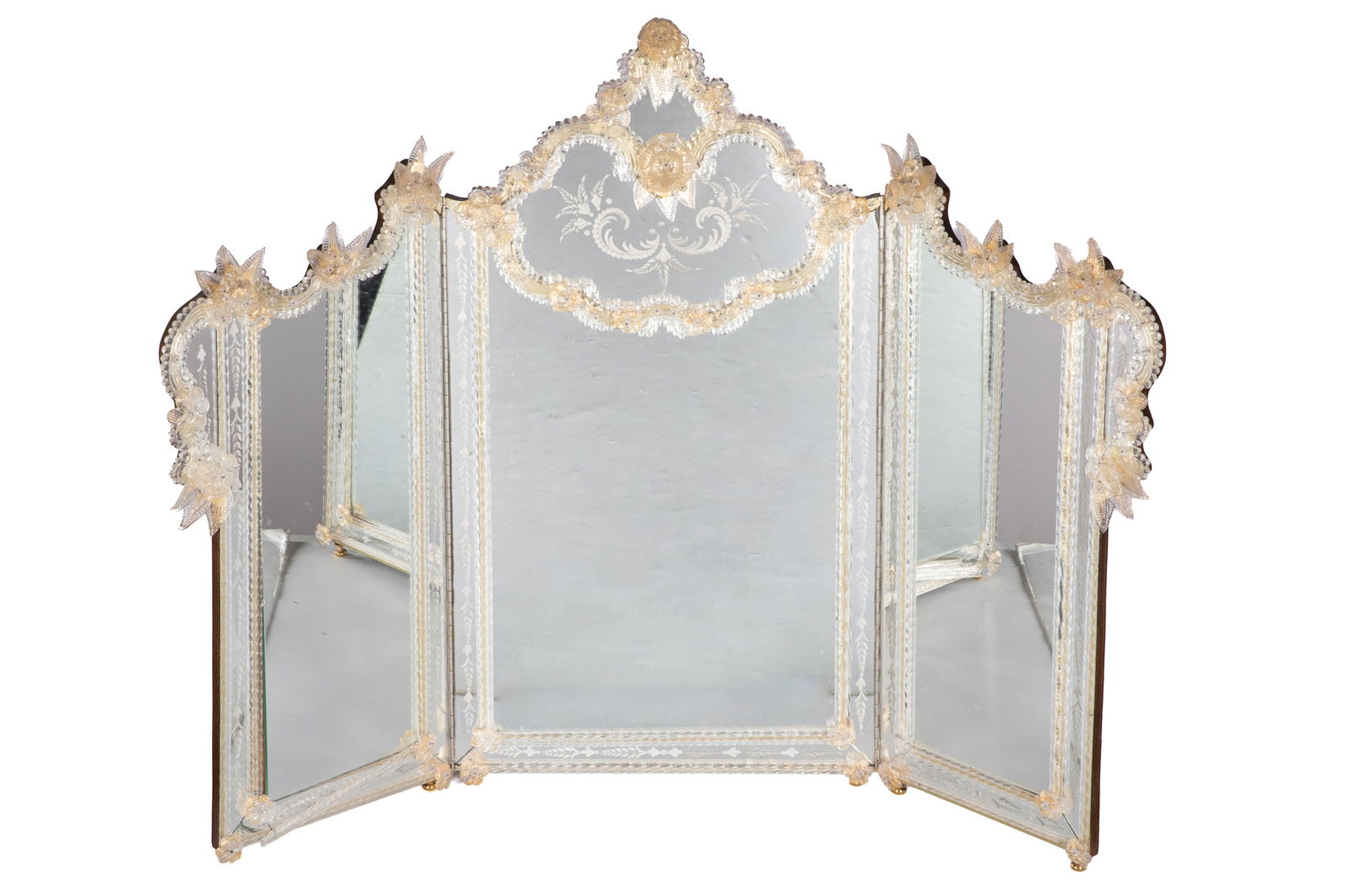 VINTAGE MURANO GLASS VANITY MIRROR: Tri Fold table mirror in three parts with clear and gold flecked floral decoration and etching to the glass mirror. H of centre panel 39 in Overall W 53in flat open