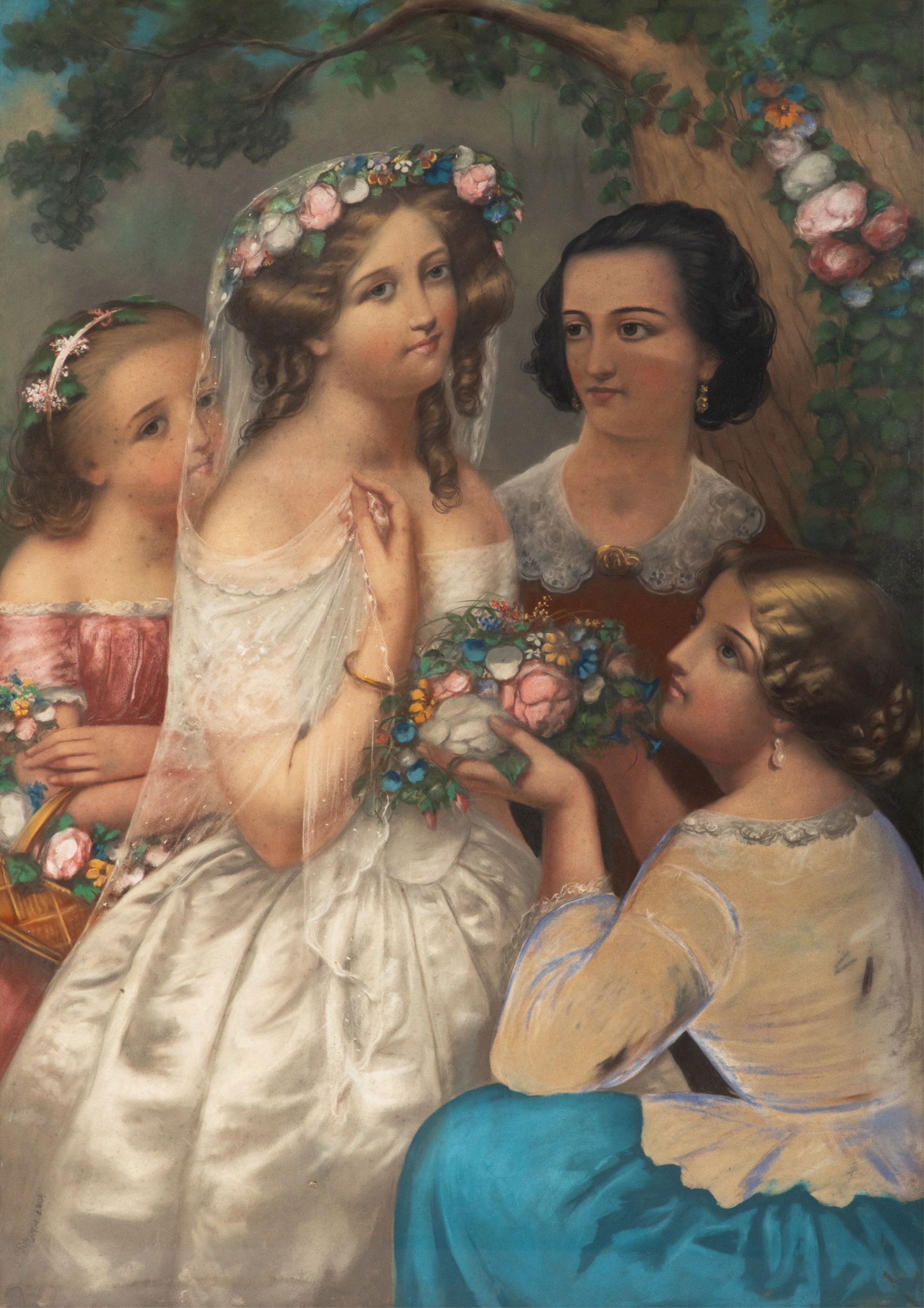 GEORGE GARDNER FISH (American, 1822-1906): The Bride and the Maidens" Pastel, paper, canvas Signed bottom left "G.G. Fish, NYork, 1859" Sight measurements H. 49 1/2" x W. 35