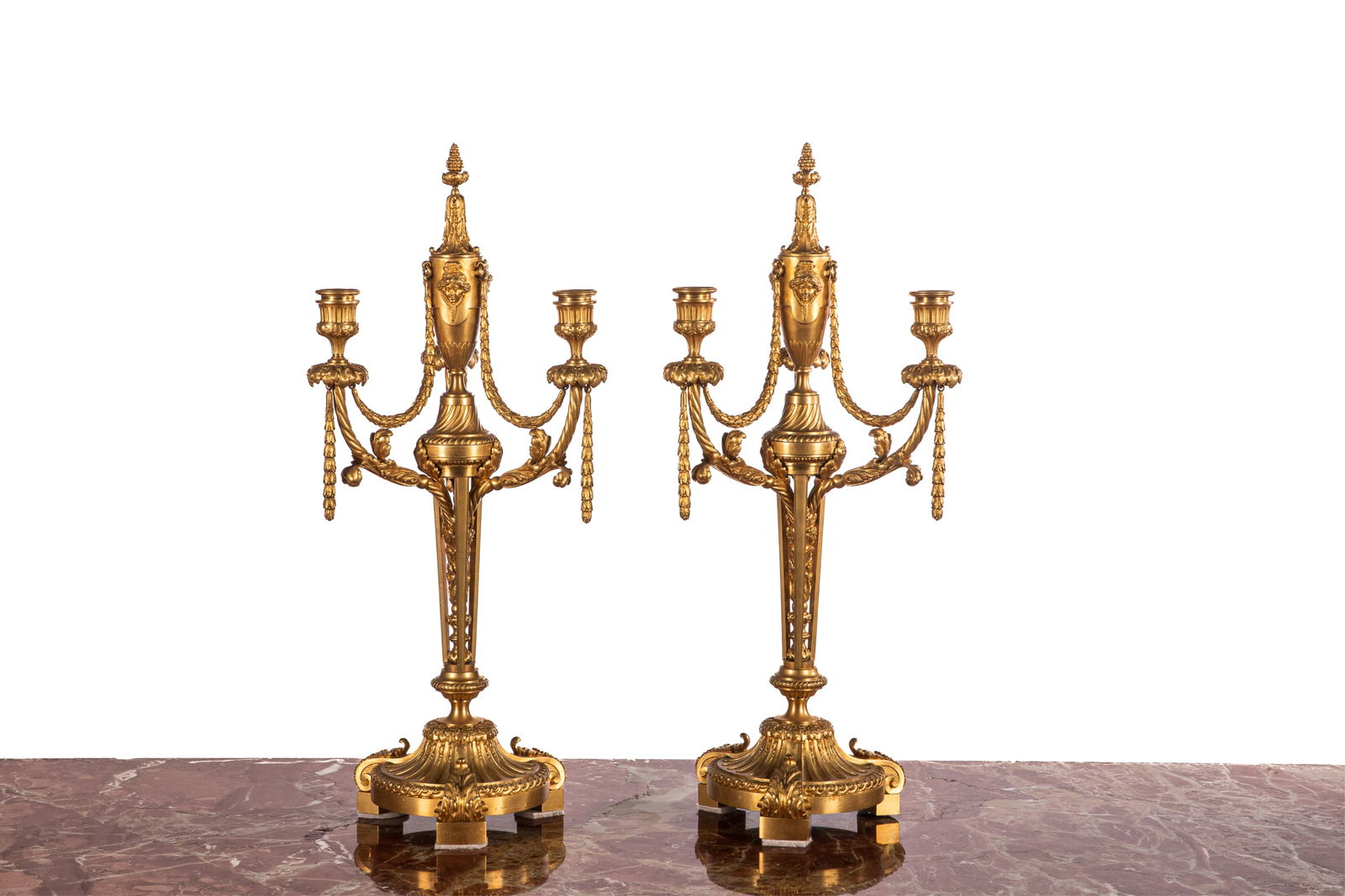PAIR Of FRENCH ORMOLU CANDELABRA: Finely cast French gilt bronze three branch candelabra with acanthus decoration and elongated urn detail, attributed to Ferdinand Barbedienne. French, 19th C. H. 56.4cm (22 1/4in)