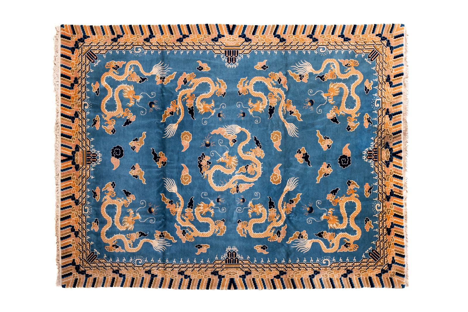 ART DECO CHINESE DRAGON CARPET: Blue ground with flying dragons and clouds, border emulating a court robe. L 12' x W 9'