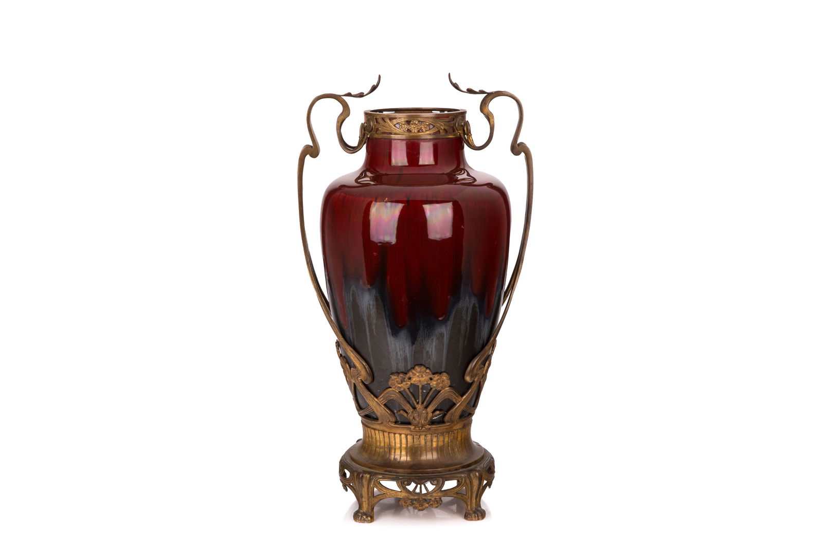 ART NOUVEAU BRONZE MOUNTED POTTERY VASE: European flambe red glazed vase with floral mounts, impressed number to underside of vase, late 19th / early 20th C. H. 22" x W. 12 1/4" (56cm x 31cm)