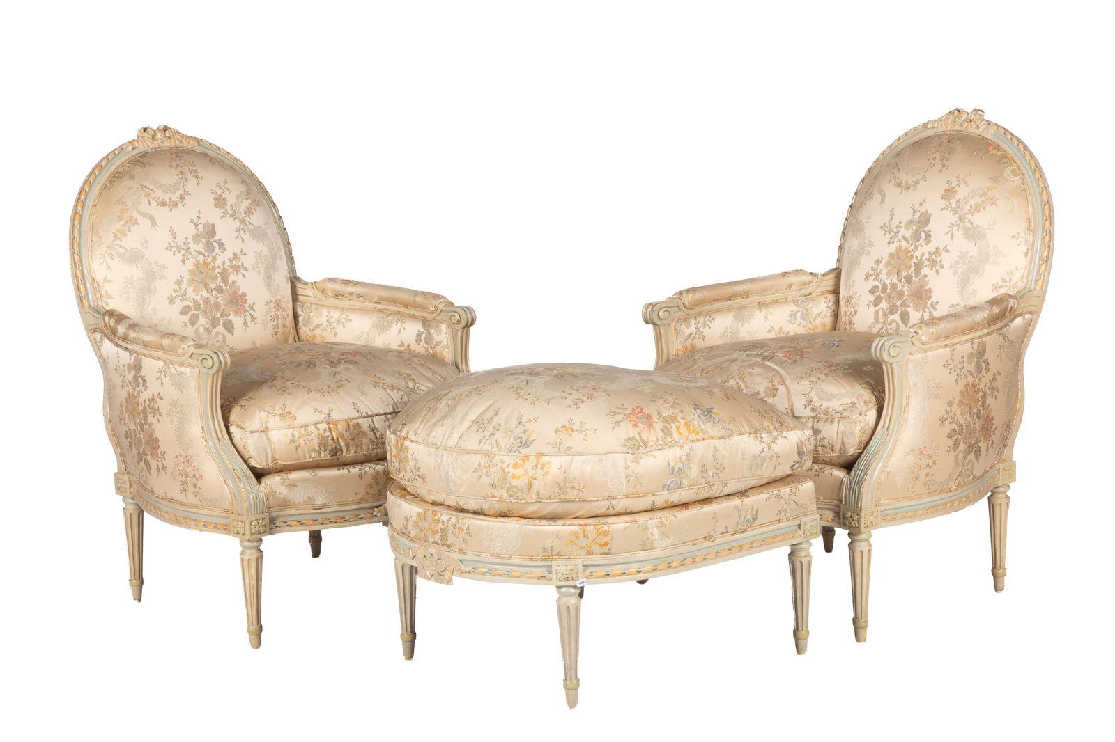 PAIR OF SILK UPHOLSTERED CHAIRS & OTTOMAN (1 of 5)