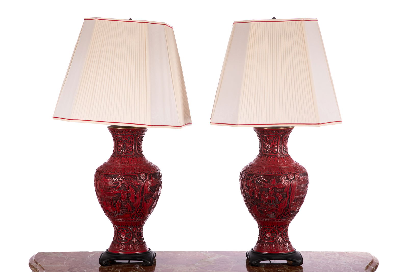 PAIR OF CHINESE CINNABAR LACQUER TABLE LAMPS (1 of 3)