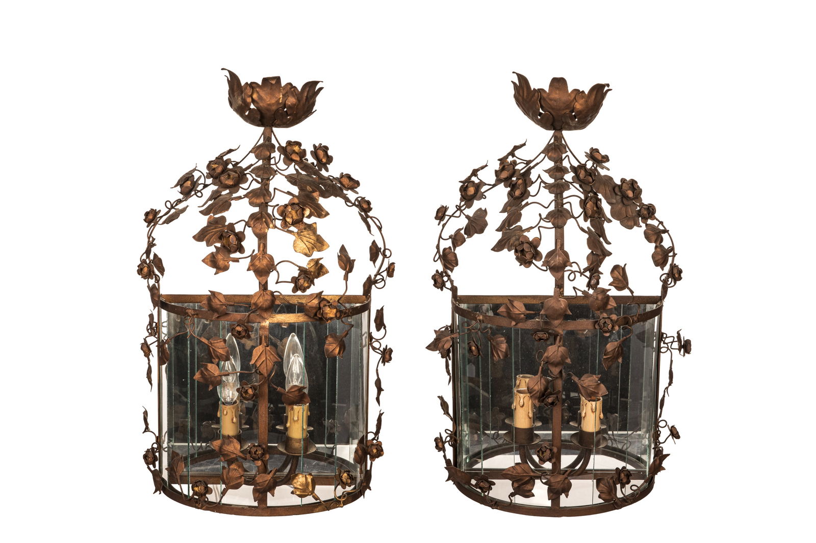 PAIR OF TOLE FLORAL METAL WALL SCONCES: H. 25" x W. 13" X D. 7"