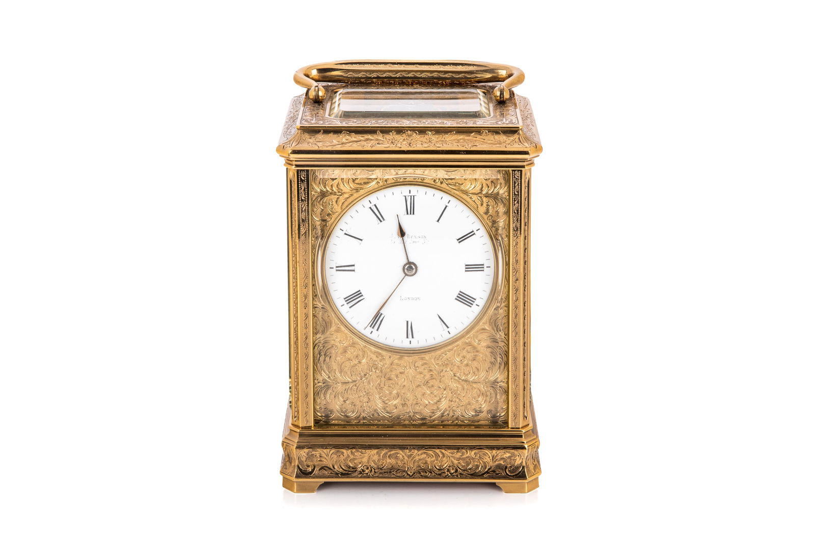 19th C LARGE FRENCH GILT BRONZE CARRIAGE CLOCK: Beautifully scroll-engraved case and dial mount with bevelled glass. Movement probably by Drocourt. Case made and likely retailed by JW Benson, Old Bond Street, London, England. To handle H. 22.5cm (8