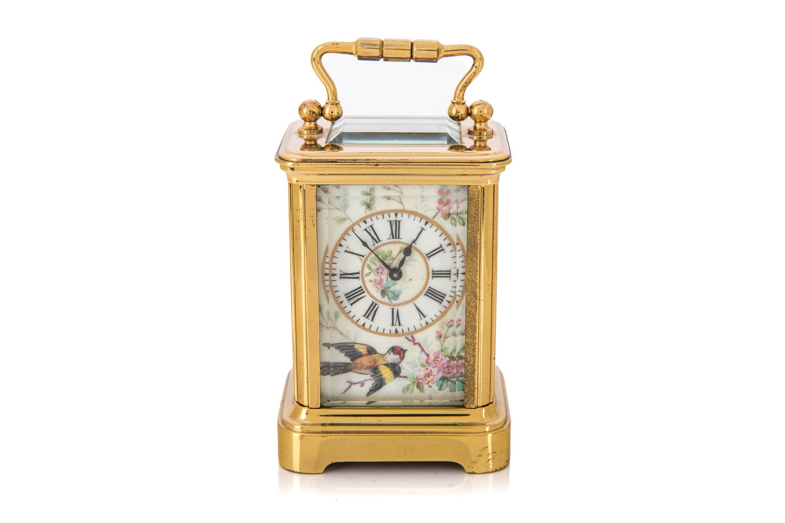 MINIATURE 19th C. FRENCH BRONZE CARRIAGE CLOCK: Enamelled dial with bird and blossoms motifs. Unmarked movement. French, 19th. c. H. 9.5cm (3 3/4in)