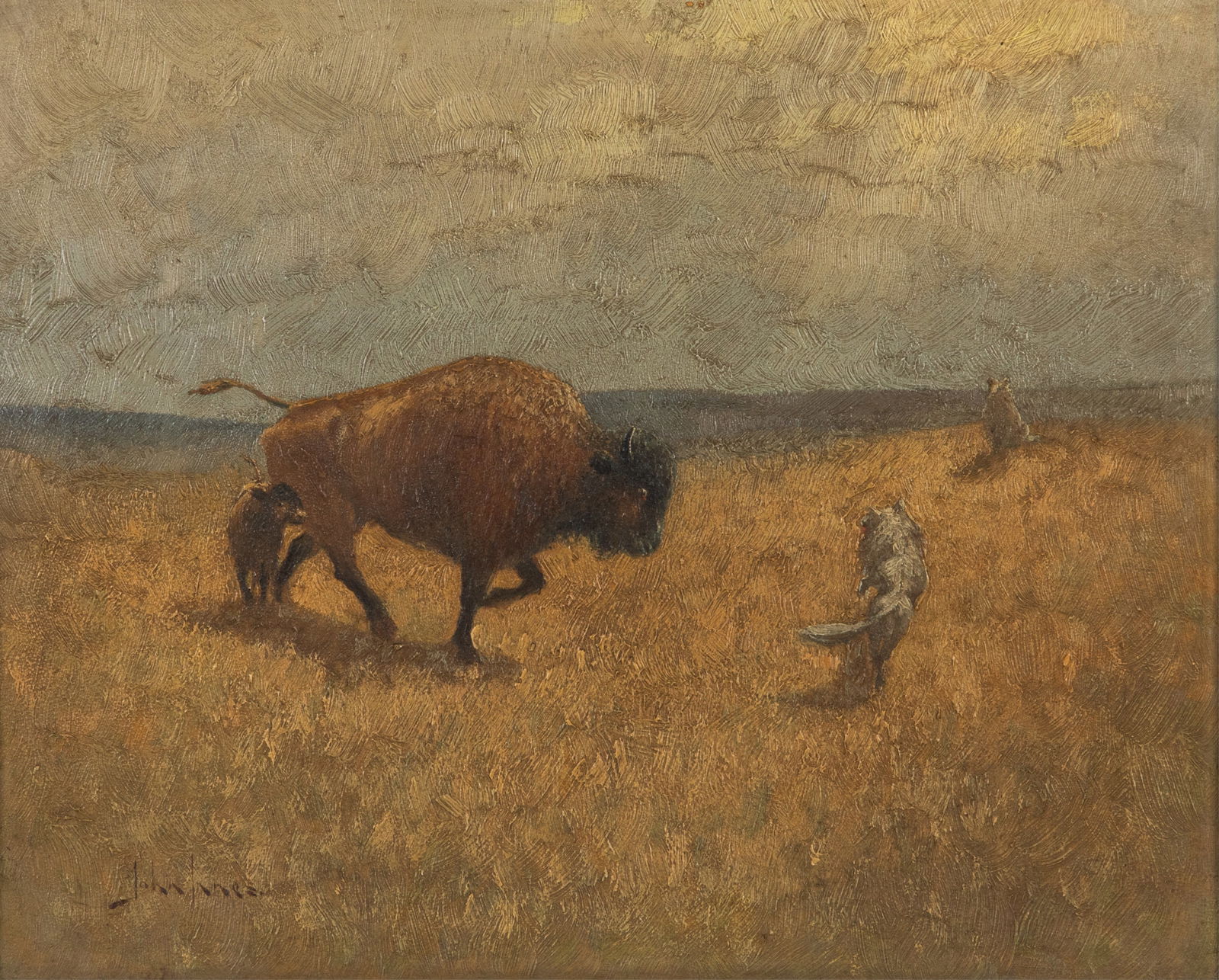 JOHN INNES (Canadian, 1863-1941): Buffalo and Wolves Oil on board Signed bottom right 9 1/4" x 11 1/2"