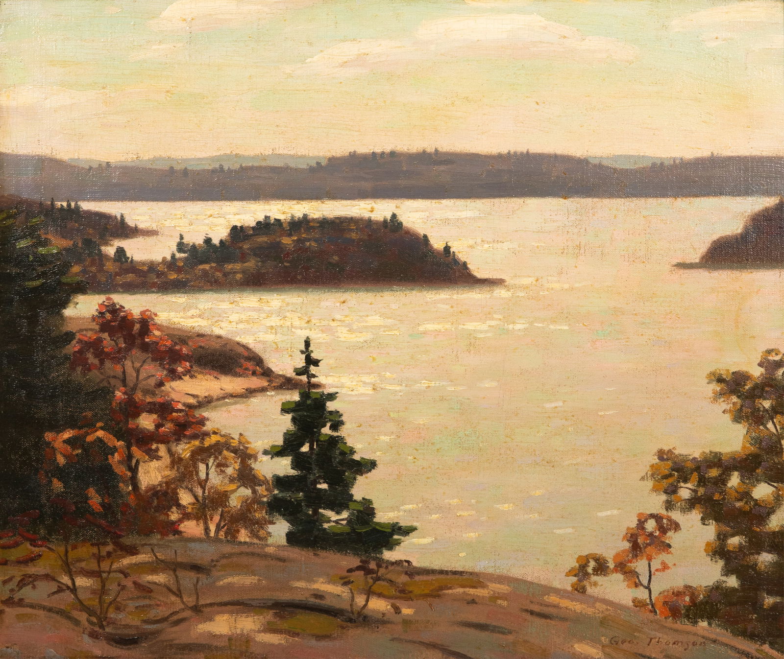 GEORGE A. THOMSON (Canadian, 1868-1965): "A Sun's Pathway" Oil on canvas Signed lower right Titled and signed on verso H. 20 1/4" (52.3cm) x W. 24" (61cm)