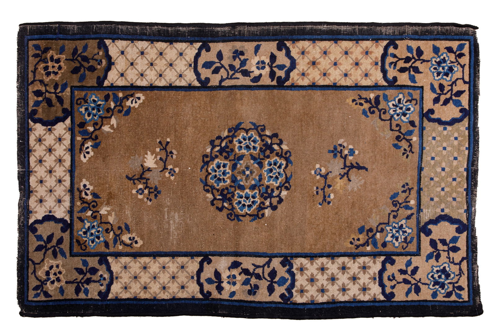 CHINESE PEKING ART DECO SMALL RUG: Camel and blue ground with floral roundels, circa 1930. L 4' 8" x W 3'