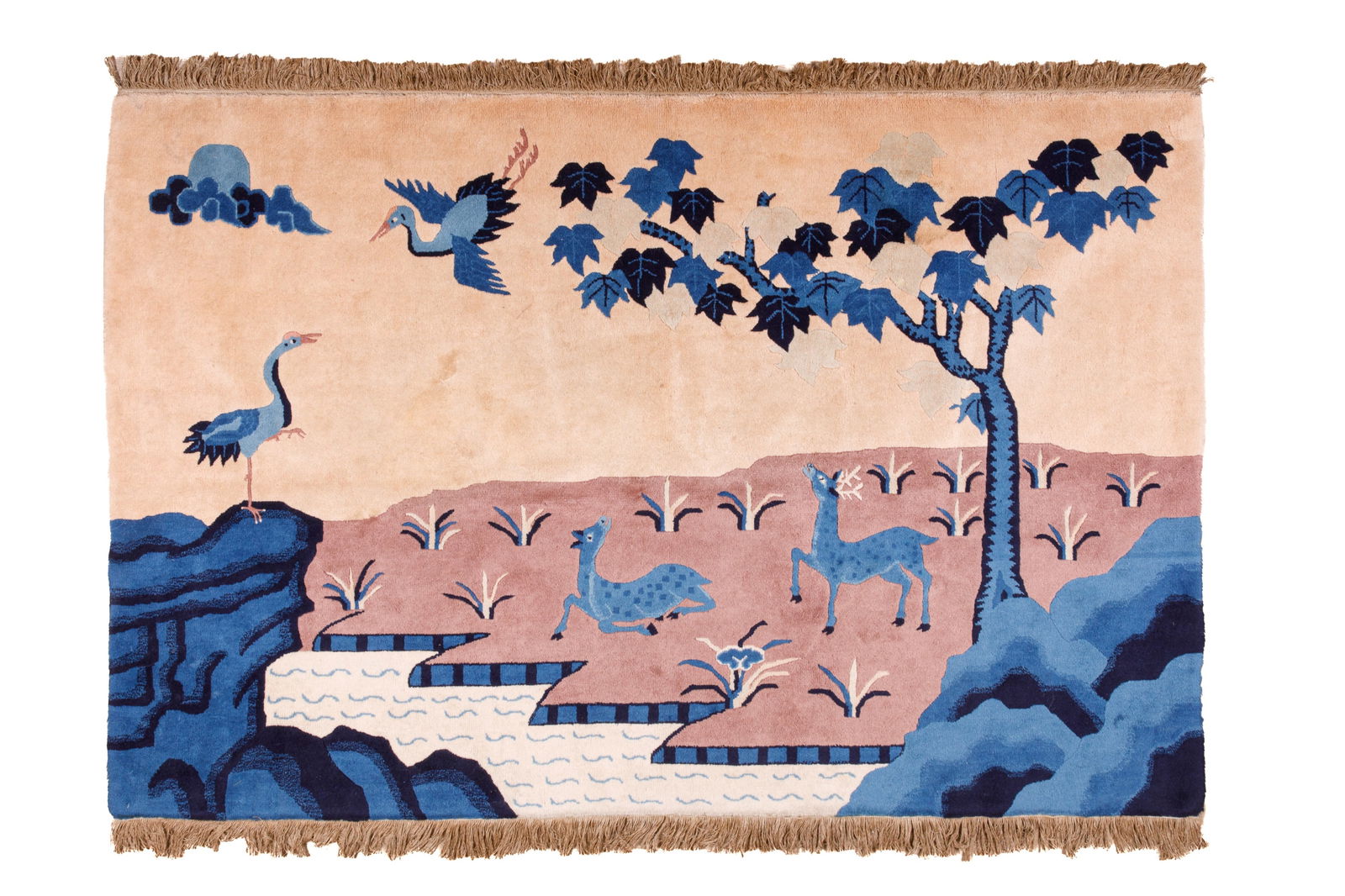 CHINESE ART DECO PICTORIAL RUG: Camel and blue ground pictorial rug depicting deer and cranes with tree and rocks, circa 1930. L 6' 1" x W 4' 1"