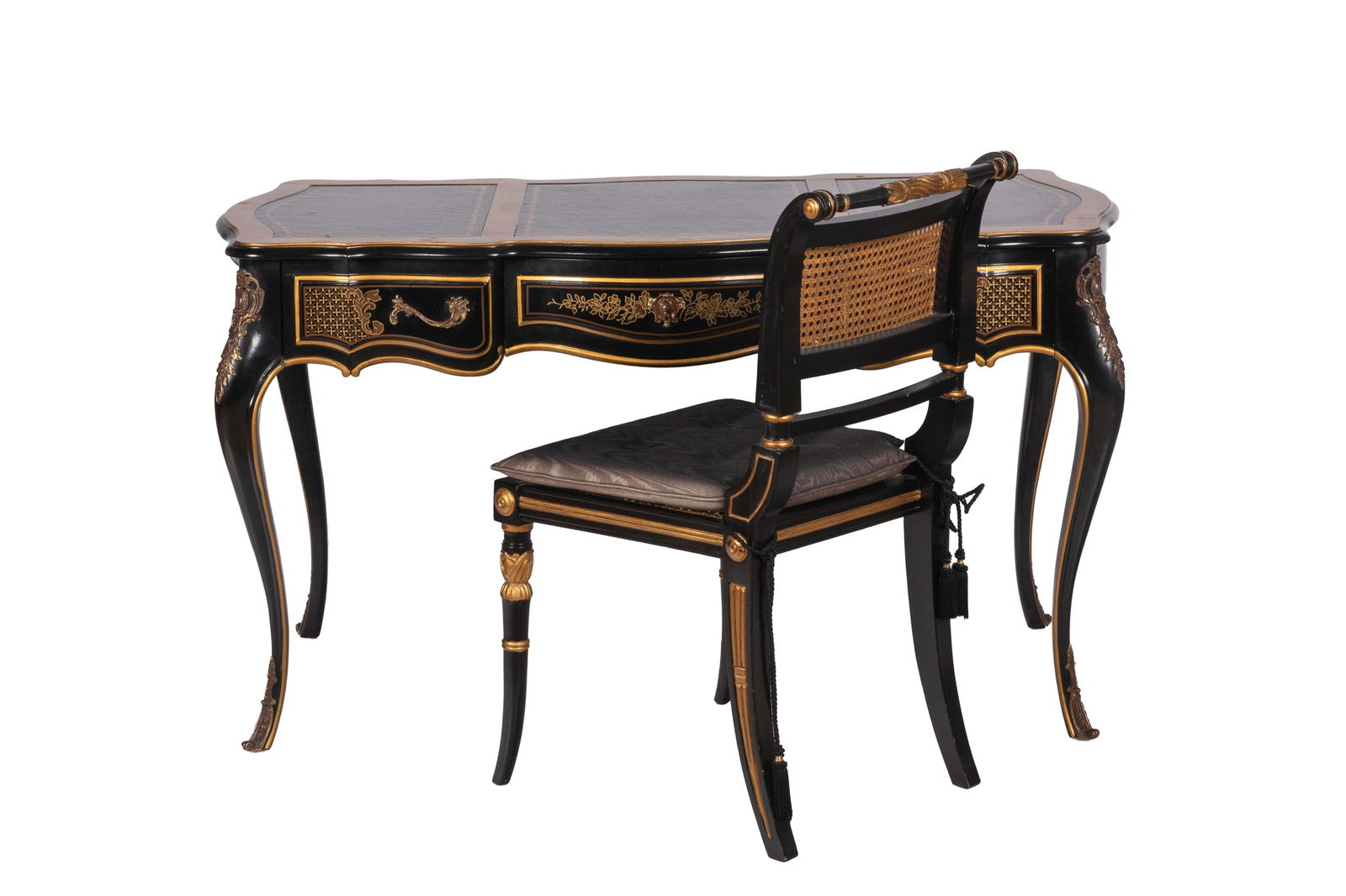 EBONZIED CHINOISERIE LEATHER TOP DESK & CHAIR: Drexel, Canadian made desk with bronze mounts and Regency style chair. H 30" x W 52" x D 25 1/2" Chair H 35" x W 20" x D 18"