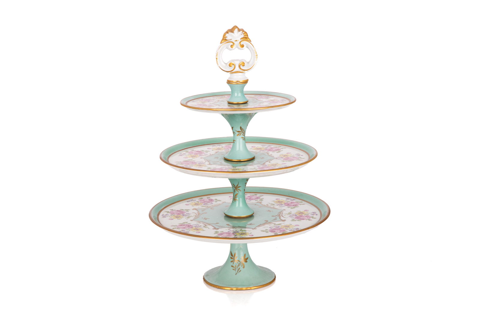 DECORATIVE FRENCH PORCELAIN THREE TIER TAZZA: Turquoise ground with pink flowers, graduated plates, Sevres, France, 20th C. H. 19" x Dia. 13" (48.3cm x 33cm)