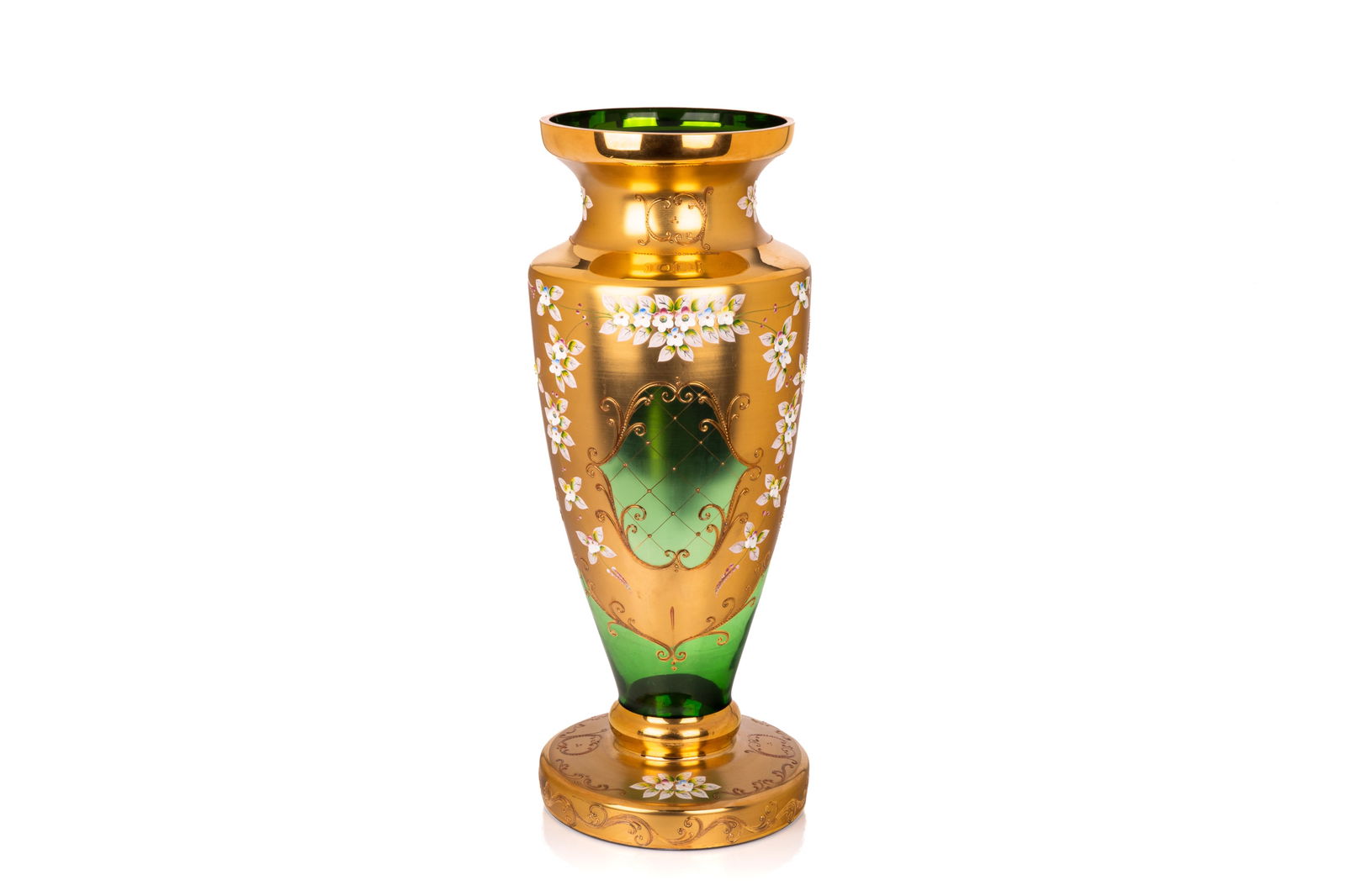 LARGE CZECH BOHEMIAN GLASS VASE: Green glass with gilding and applied floral enamel. H. 23 5/8" x Dia. 9 3/8" (60cm x 24.3cm)