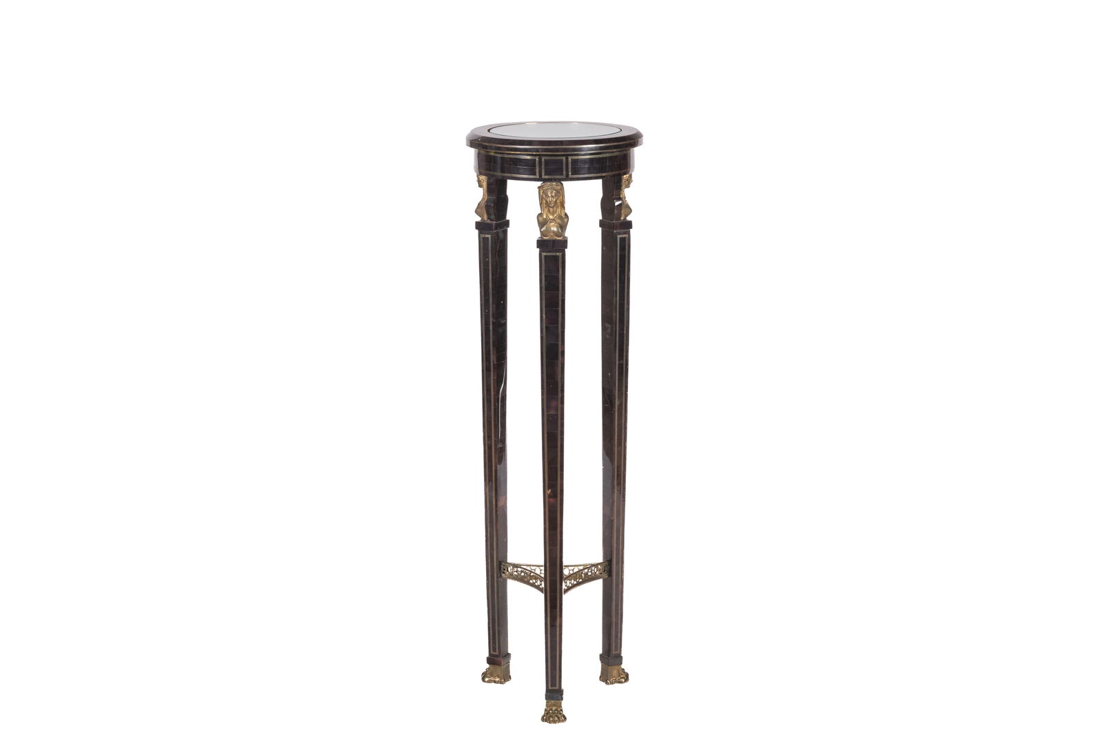 FRENCH EMPIRE STYLE PEDESTAL: Veneered stand with brass inlay and caryatid accents. H 40 1/2"