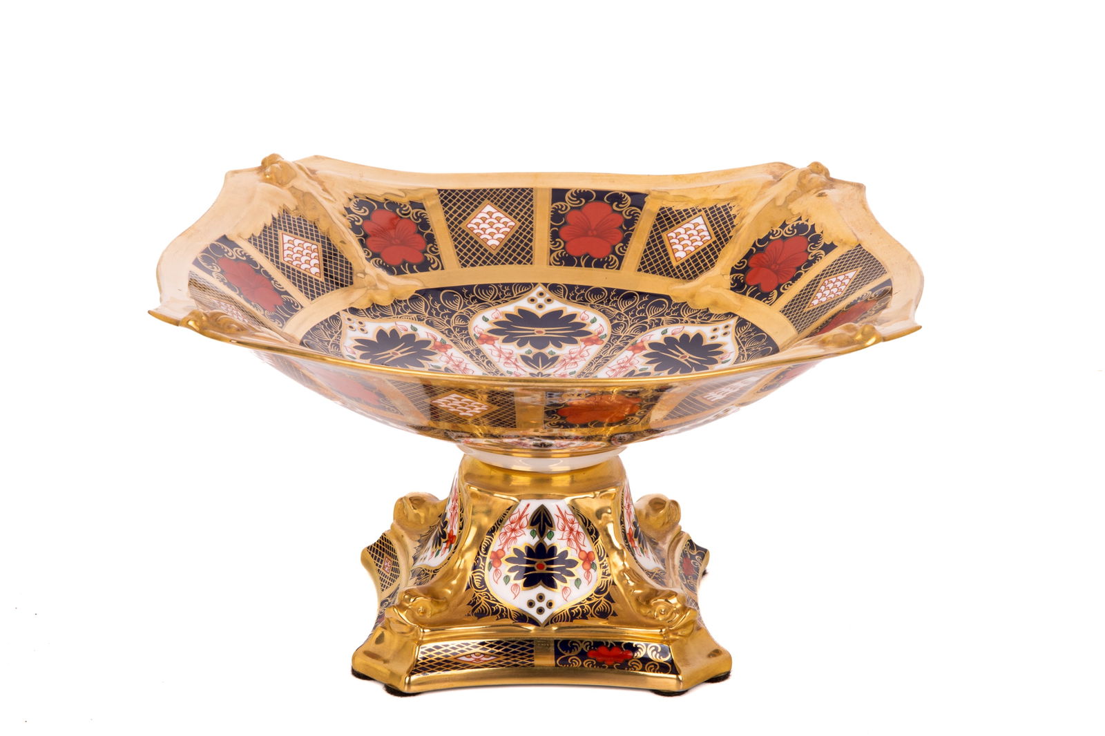 ROYAL CROWN DERBY IMARI PORCELAIN FOOTED COMPORT: Pattern 1128, squared footed tazza bowl with dolphin feet. W 26.5cm (10 1/2in)