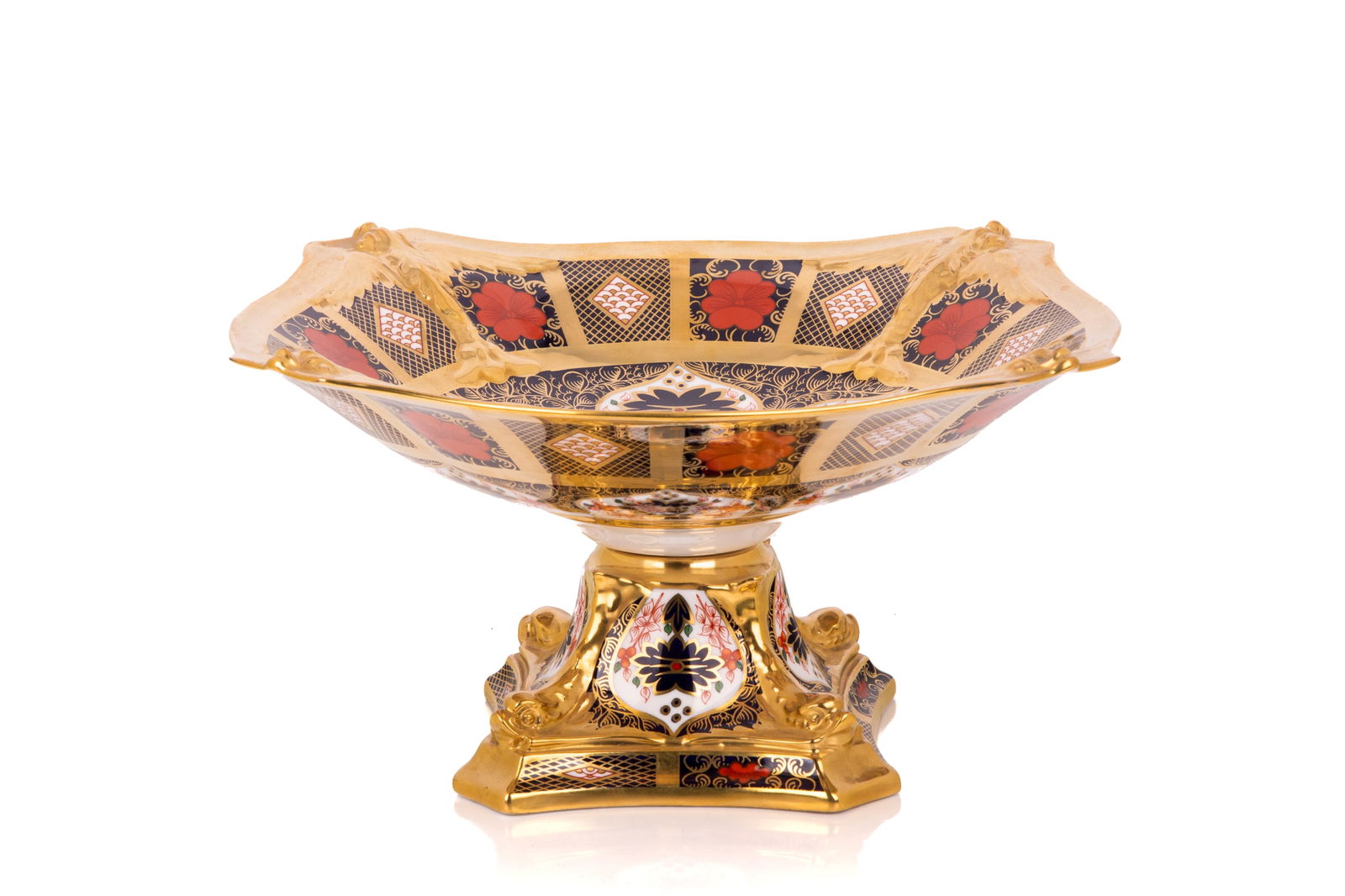 ROYAL CROWN DERBY IMARI PORCELAIN COMPORT: Footed squared dish with dolphin feet, RCD pattern 1128, 20th C. W 27cm (10 1/2in)