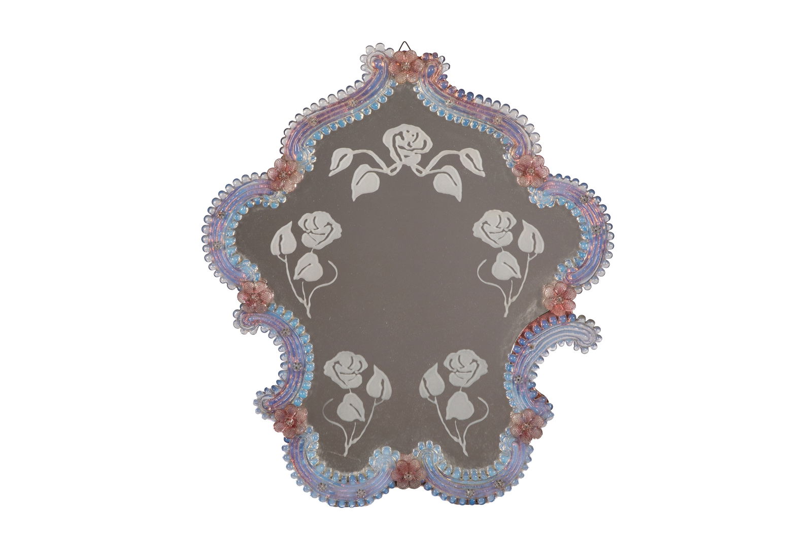 VINTAGE MURANO GLASS TABLE MIRROR: Foral etched mirror with coloured glass frame, mid 20th C. H 20 x W 17 1/2in)