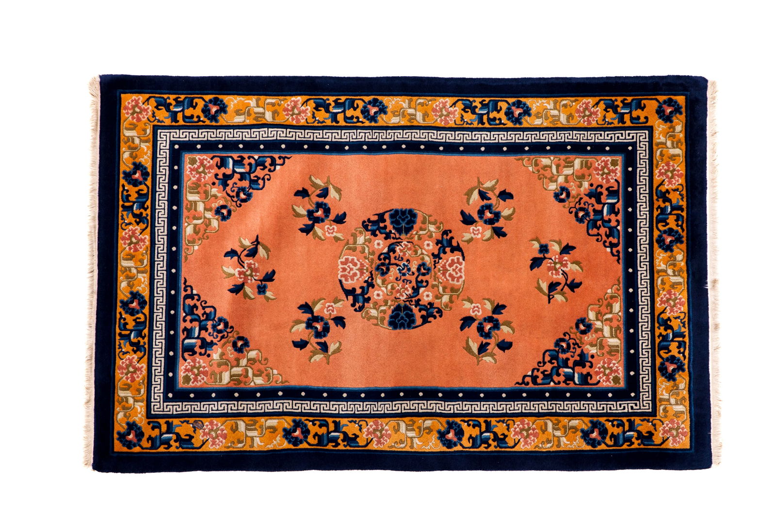 SMALL VINTAGE CHINESE WOOL RUG: Peach centre with blue and gold border, overall floral patterns. L 6' x W 4'