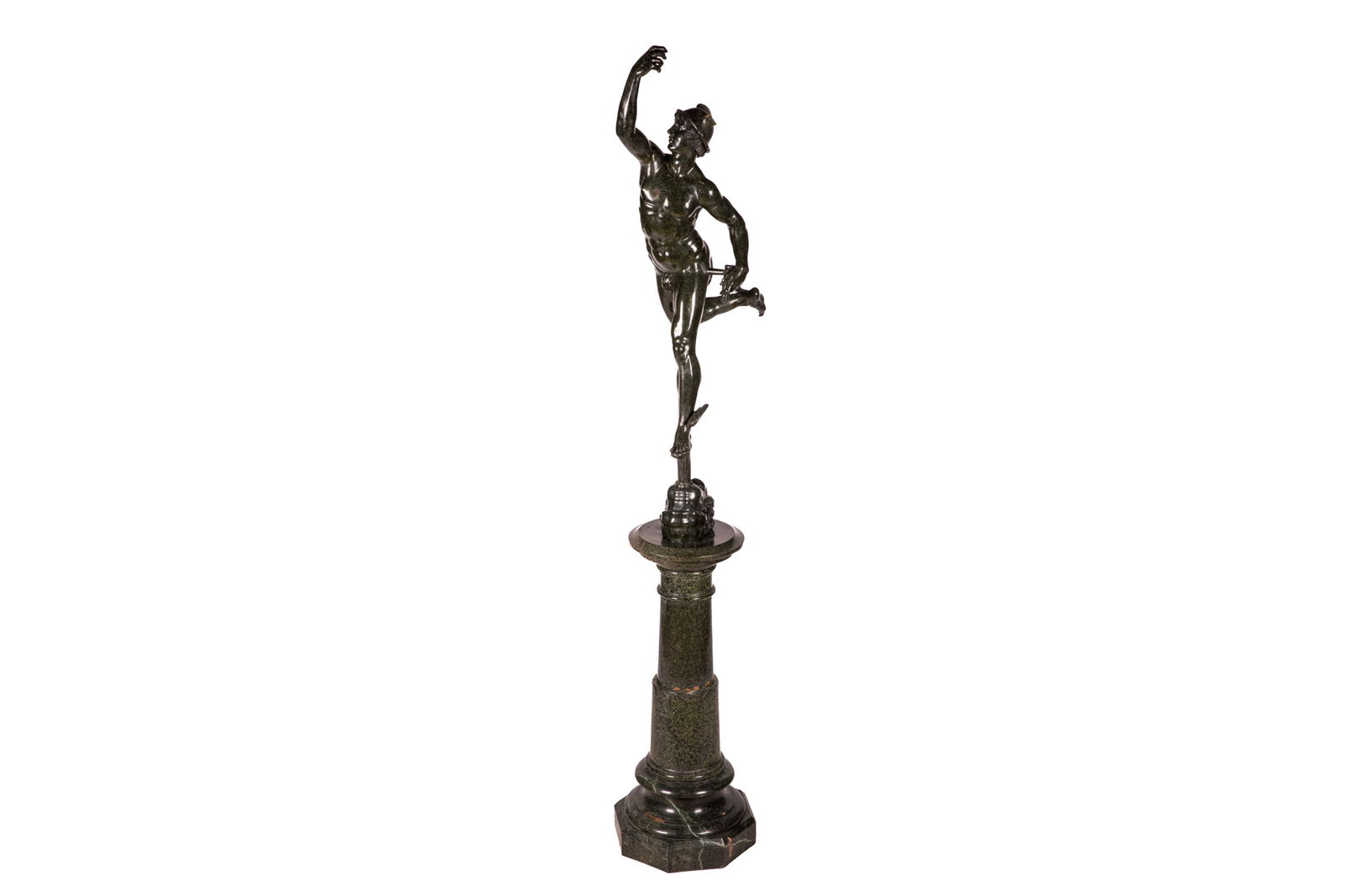 GRAND TOUR GREEN MARBLE OF MERCURY IN FLIGHT: Standing nude figure on a putti base with matched verigated marble pedestal. H 84"