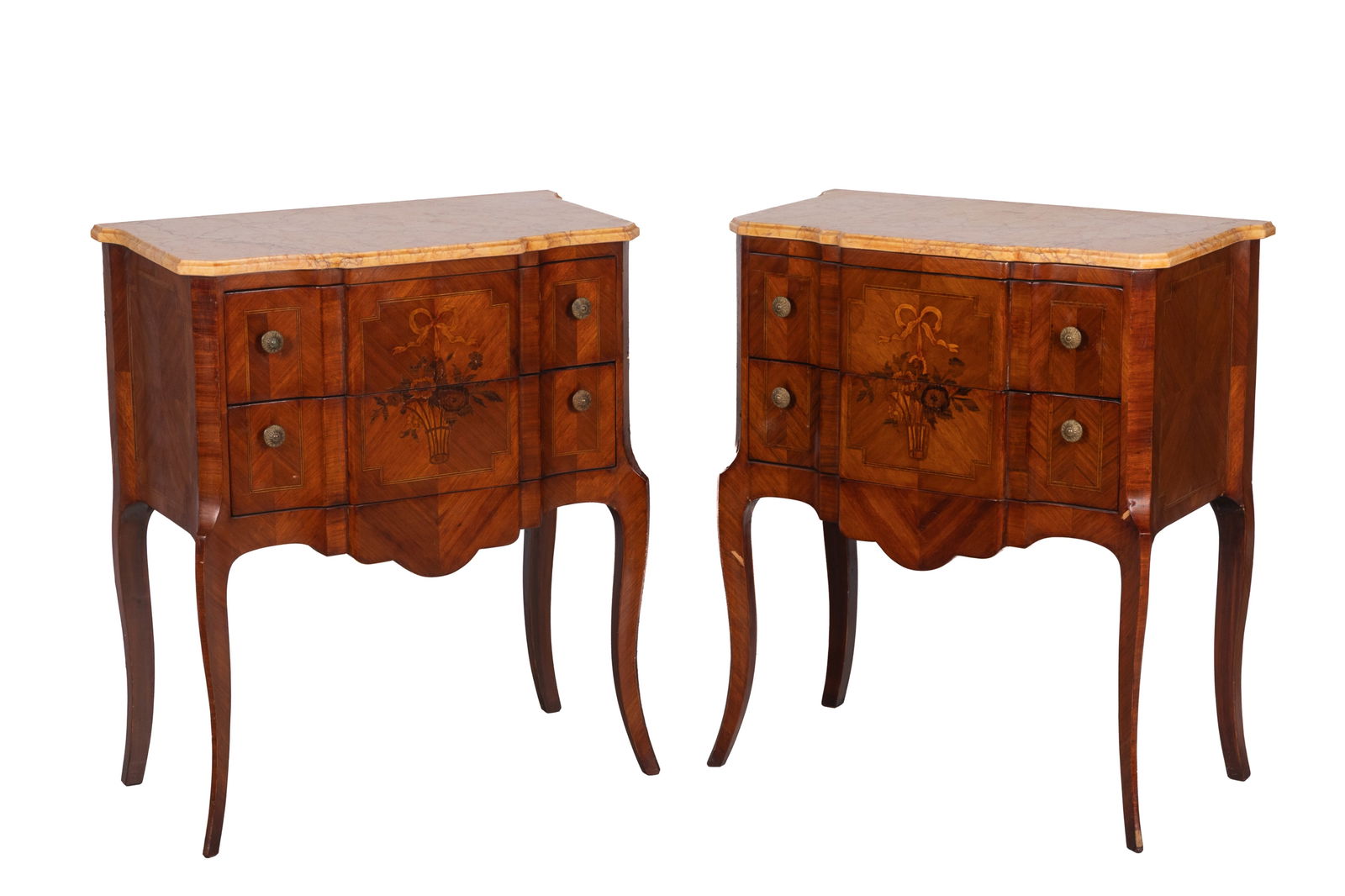 PAIR MARBLE TOP COMMODES WITH MARQUETRY INLAY (1 of 6)