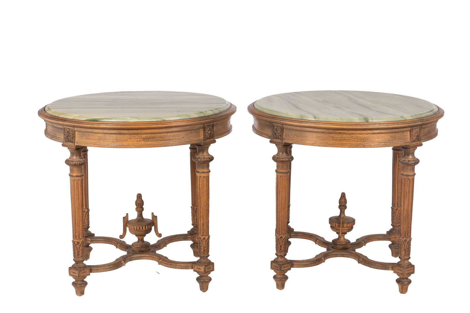 PAIR OF DECORATIVE CARVED WOOD SIDE TABLES: Neoclassical design with urn detail, green onyx tops, 20th C. H 28" x D 31"