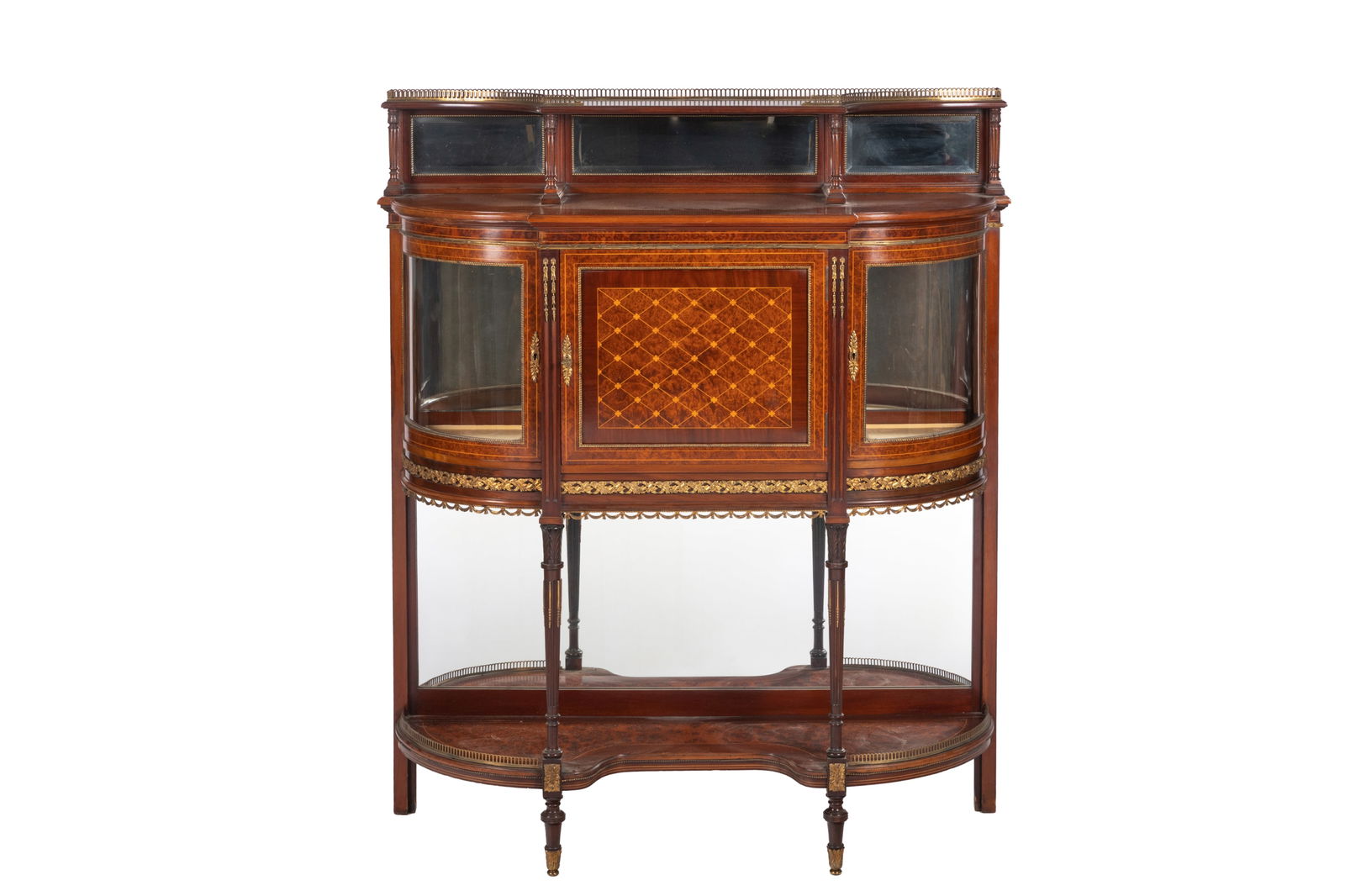 FRENCH MAHOGANY & BURLED WOOD VITRINE: With mixed inlay and gilt bronze mounts. French, early 20th C. H 59" x W 49" x D 17"