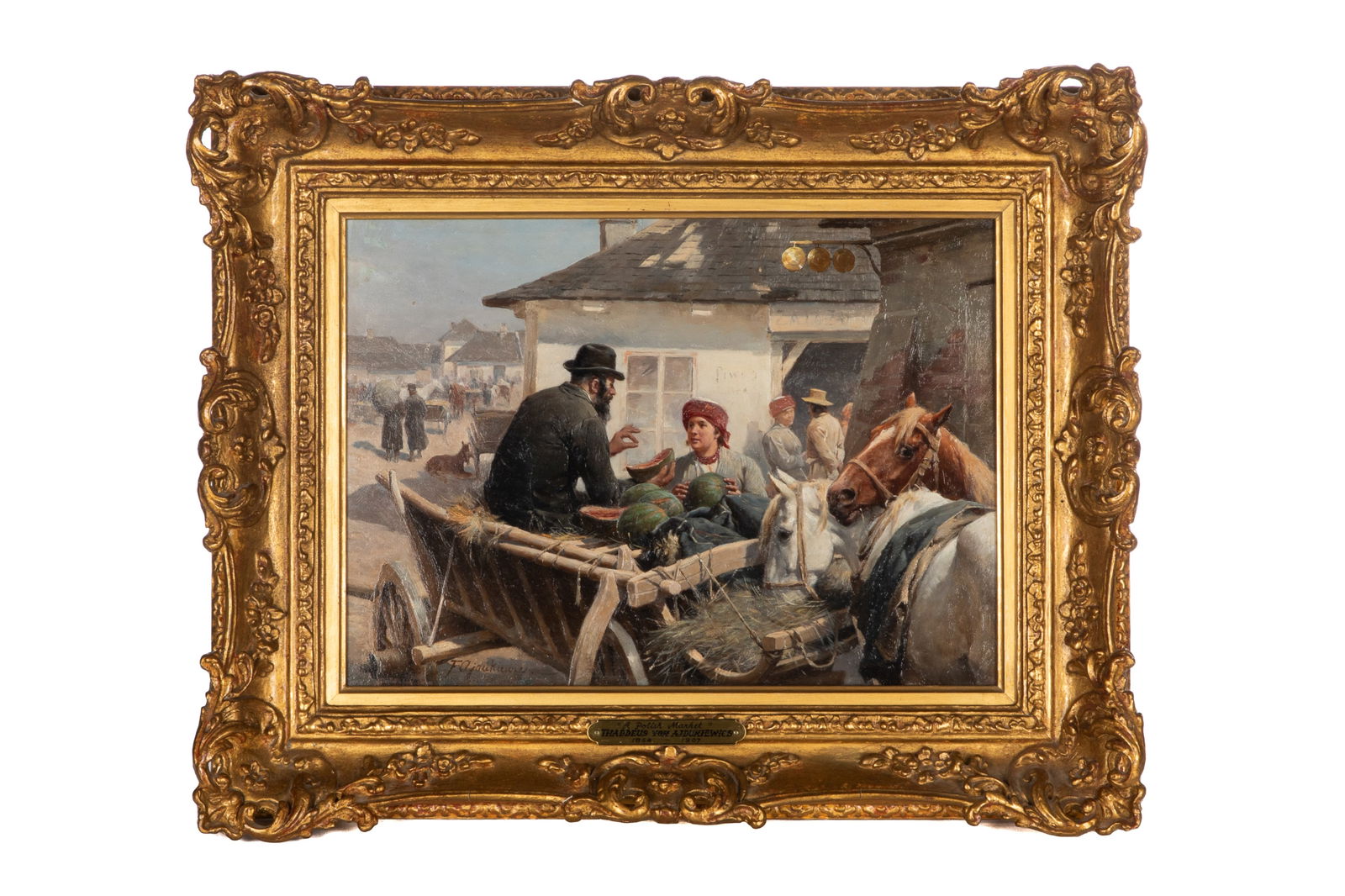 THADDEUS VON AJDUKIEWICS (Polish, 1852-1916): Melon merchant Oil on board Signed bottom left H. 9" x W. 12 1/2"
