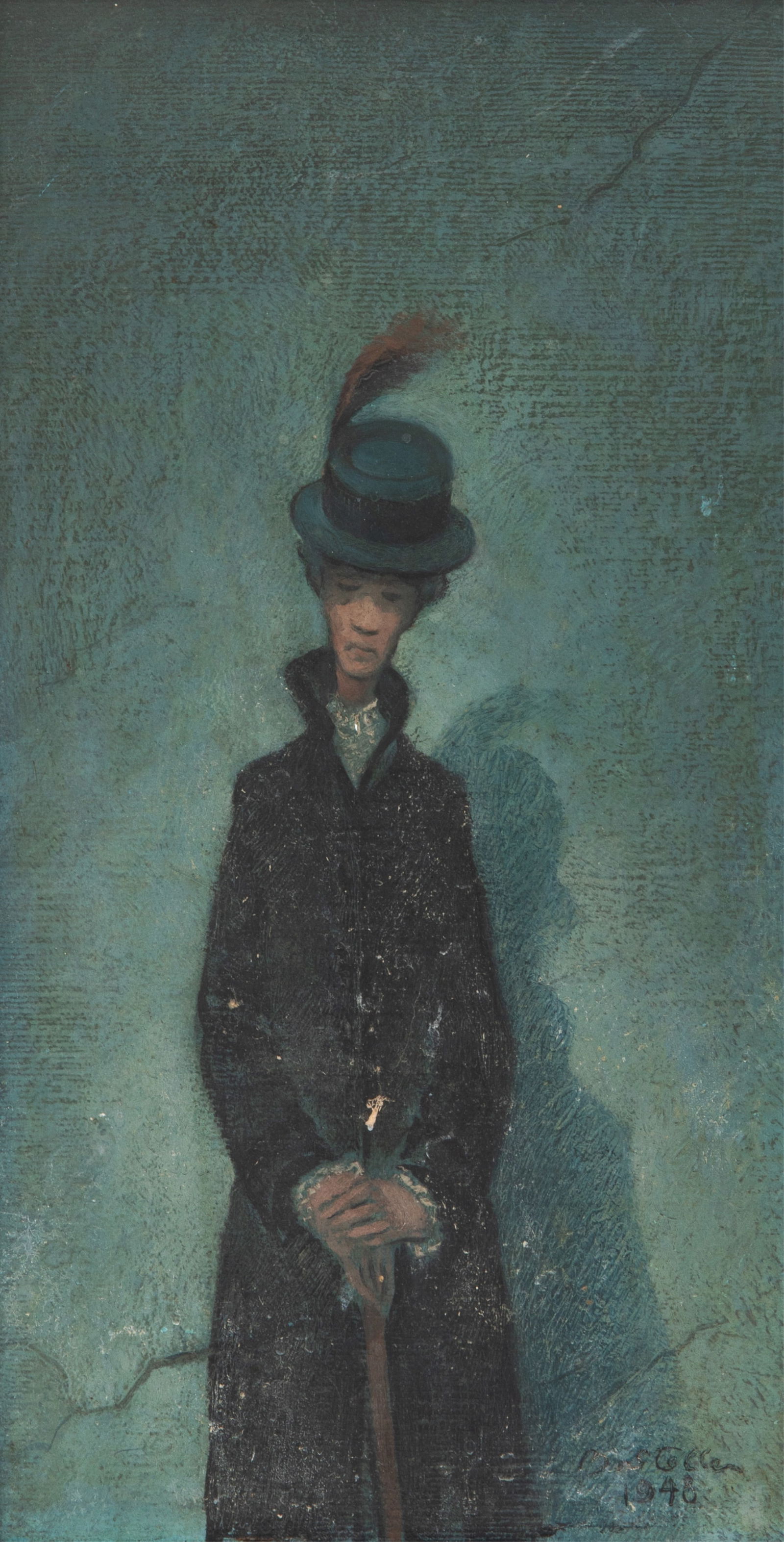 TOM BOSTELLE (American, 1925-2005): "Mrs. Abernathy" Oil on Canvas Board Two sided Signed verso, dated 1948 H. 11 1/2" x W. 6"