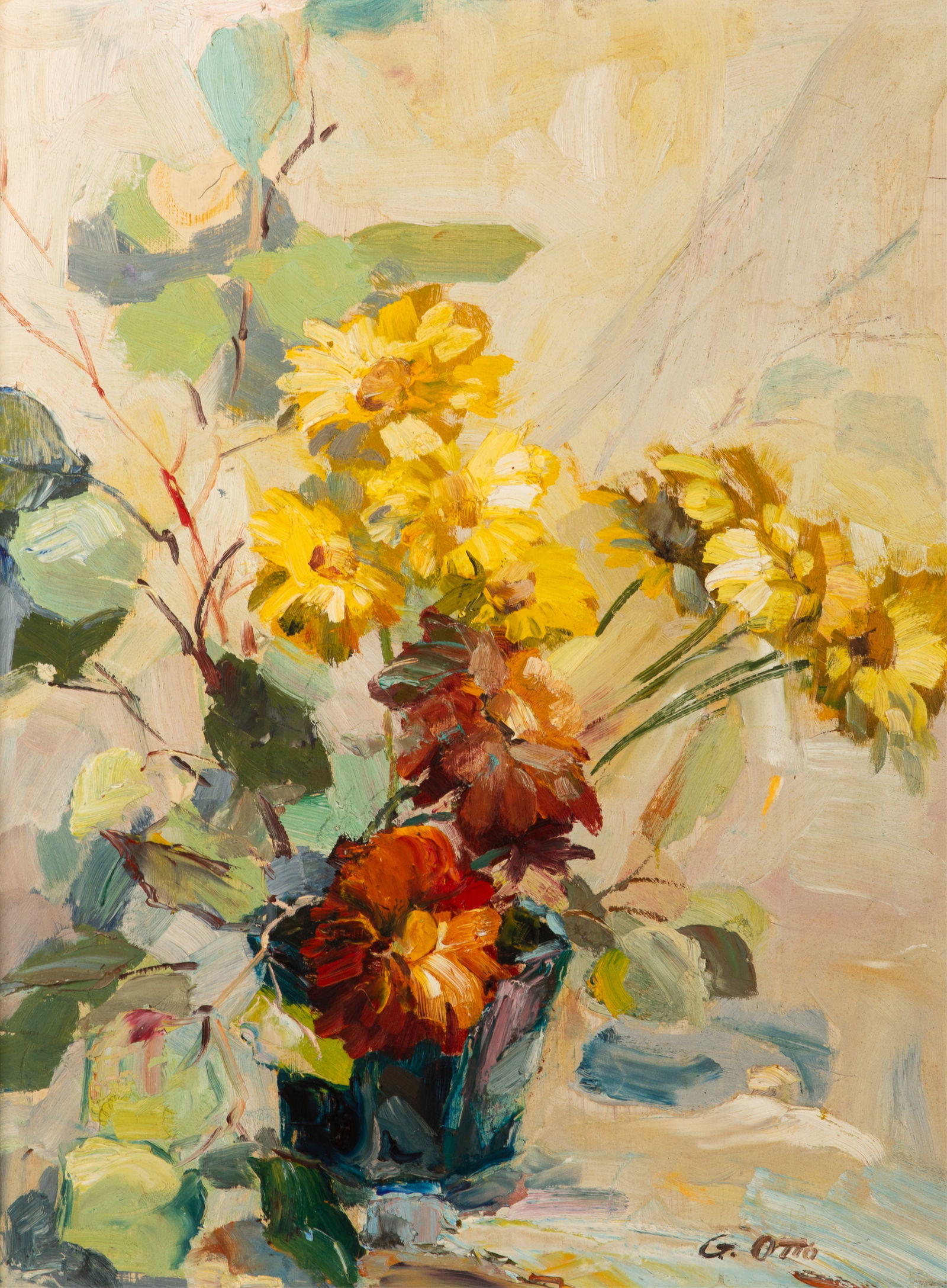 GUTTORN OTTO (Polish, 1919-2012): Floral Still Life Oil on masonite Signed bottom right corner H. 23 5/8" x W. 18" (59.8cm x 45.7cm)