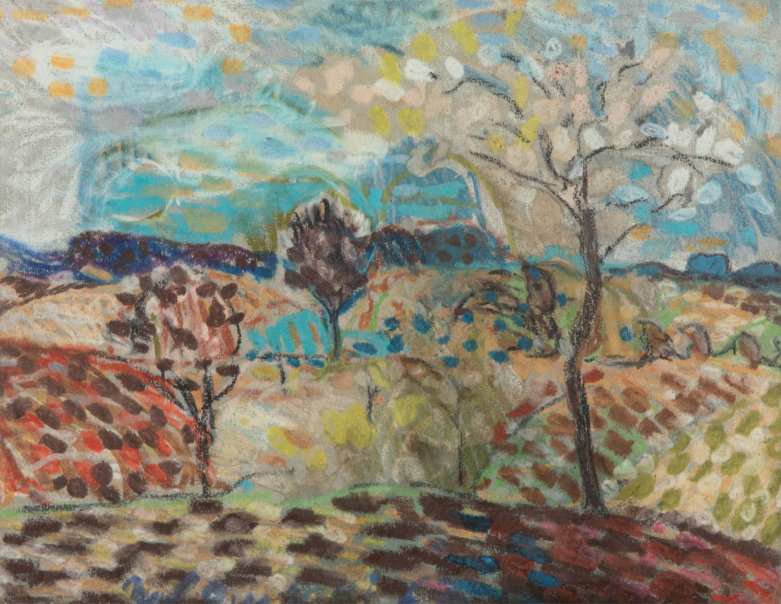 LEOPOLD LEWICKI (Polish-Ukranian, 1906-1973): "Near Heer" Oil pastel on panel Signed lower left H. 9 13/16" (24.5cm) x W. 12" (30.5cm)