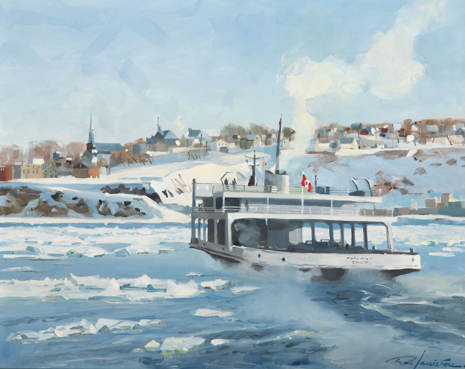 RON JAMIESON (Canadian, 1917-2010): "Ferry to Levis" (February 1983) Oil on board Signed lower right H. 24" x W. 29 5/8"