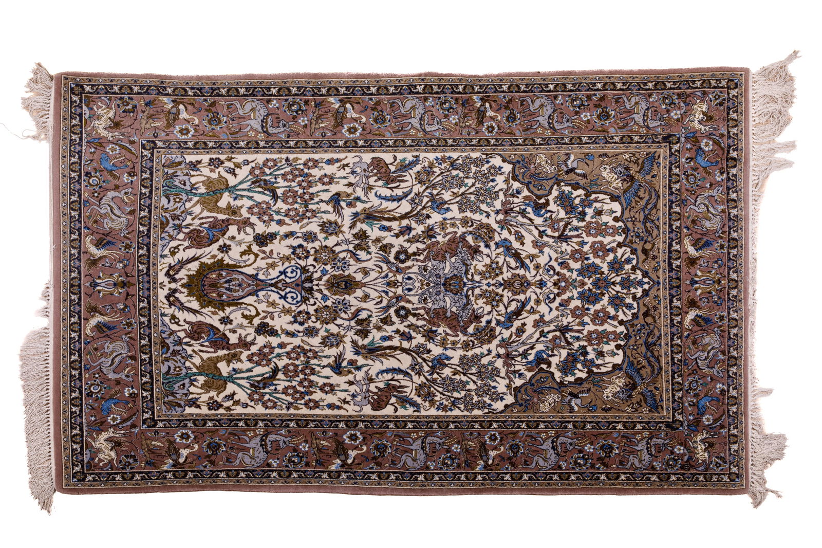 PERSIAN ISFAHAN WOOL RUG: Cream and taupe ground with dancing deer and flowers, silk highlights. 6'3" x 3'7"